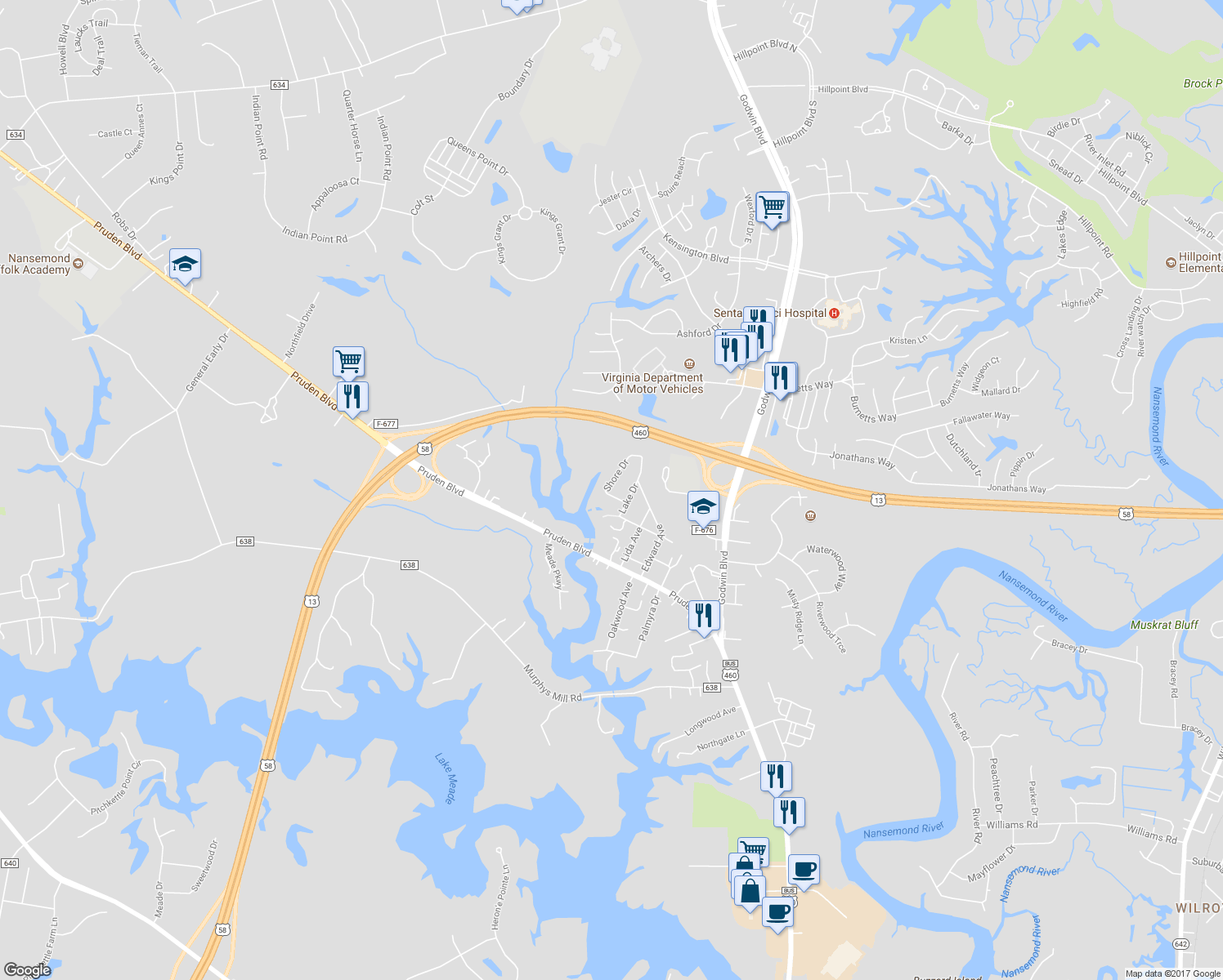 map of restaurants, bars, coffee shops, grocery stores, and more near 306 Shore Drive in Suffolk