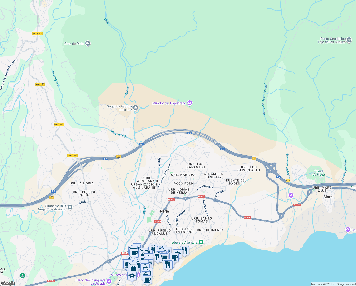 map of restaurants, bars, coffee shops, grocery stores, and more near 59 Calle San Francisco in Nerja