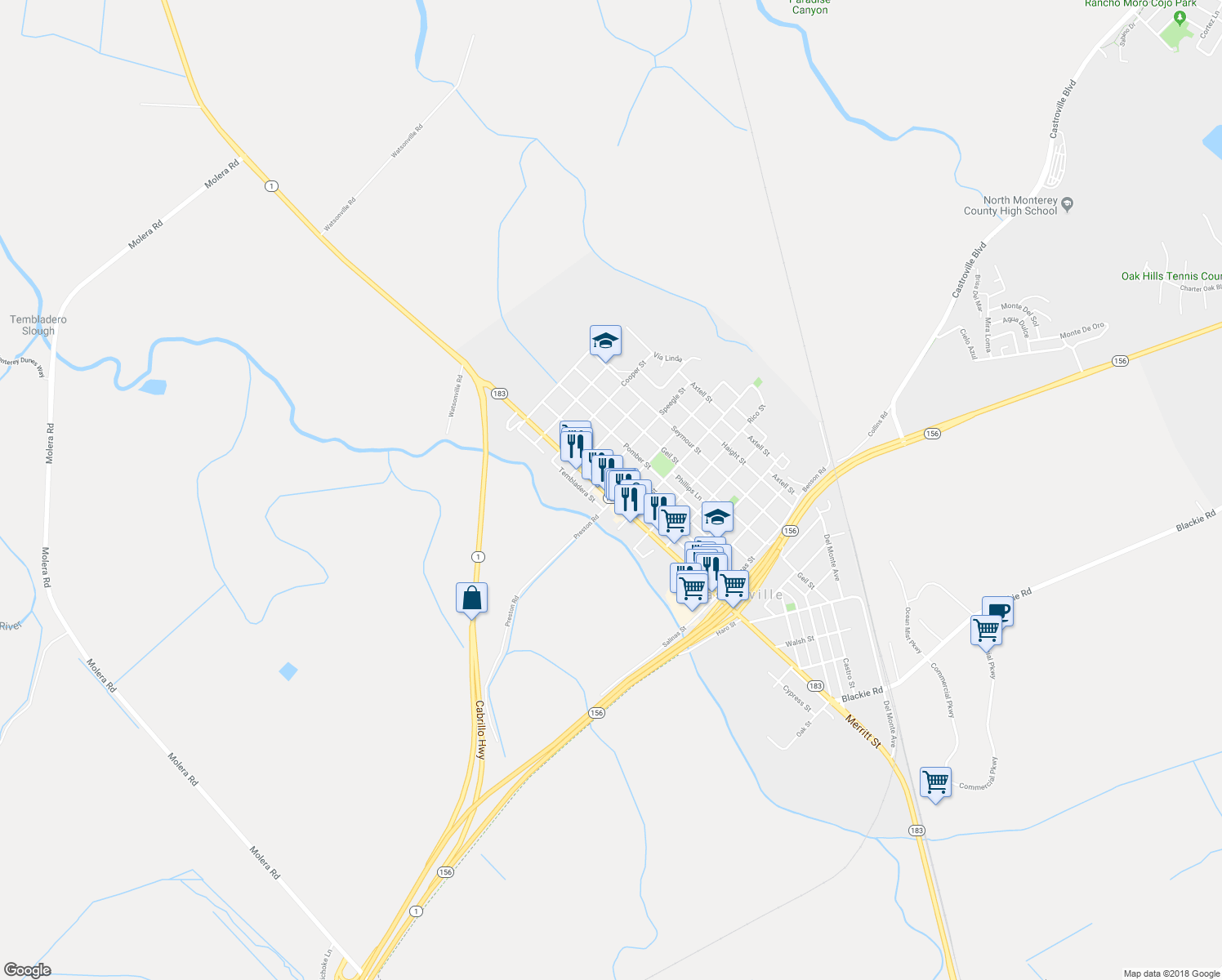 map of restaurants, bars, coffee shops, grocery stores, and more near 10665 Merritt Street in Castroville