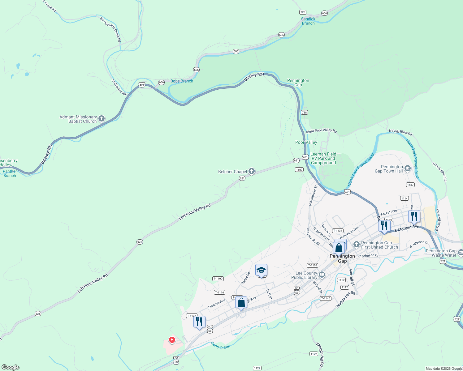 map of restaurants, bars, coffee shops, grocery stores, and more near State Route 621 in Pennington Gap