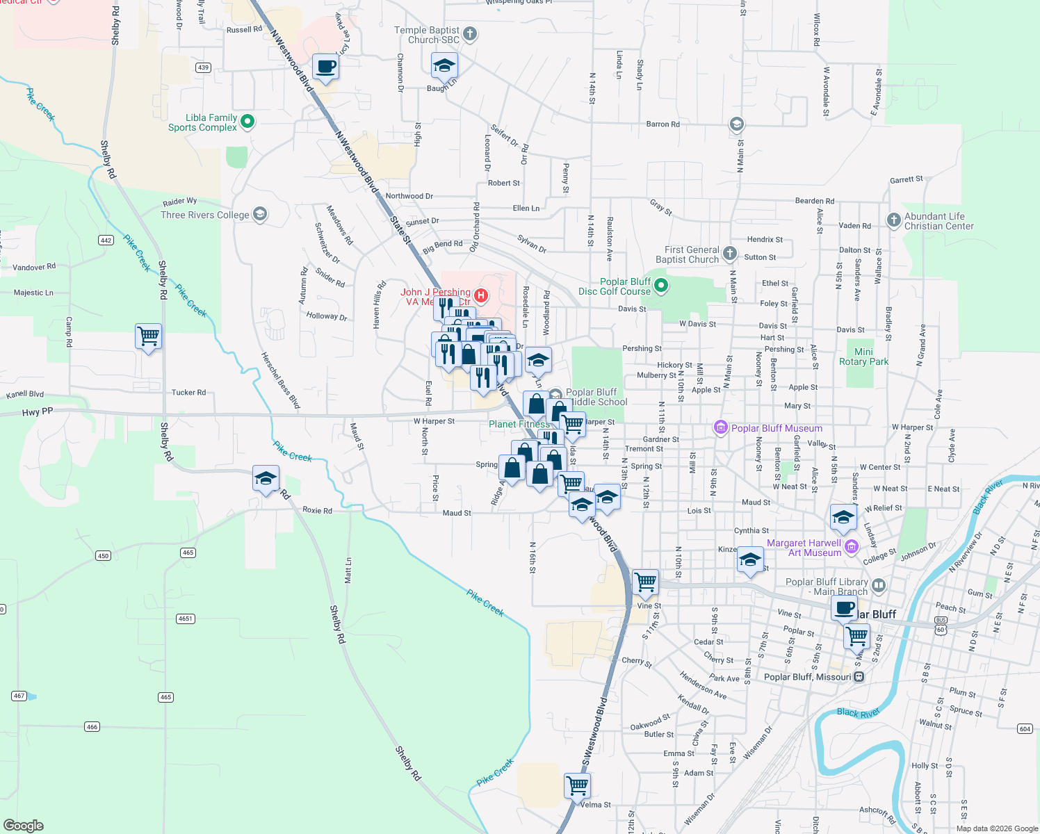 map of restaurants, bars, coffee shops, grocery stores, and more near U.S. 60 Business in Poplar Bluff