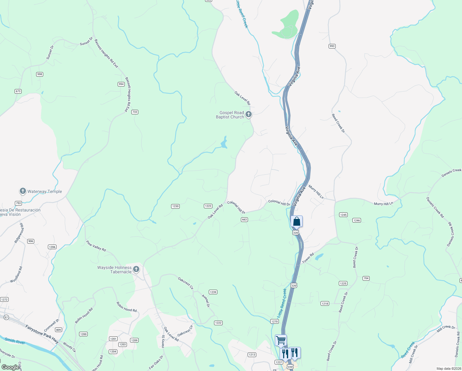 map of restaurants, bars, coffee shops, grocery stores, and more near 3850 Oak Level Road in Bassett