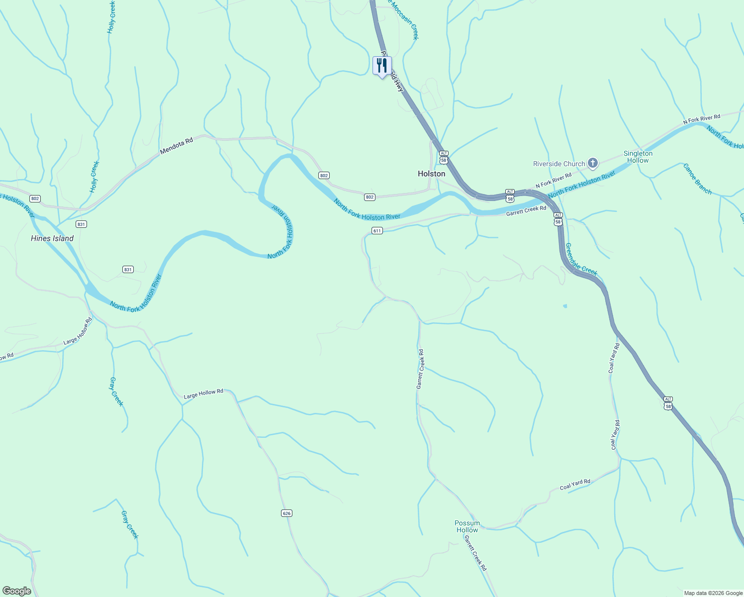 map of restaurants, bars, coffee shops, grocery stores, and more near 12288 Garrett Creek Road in Abingdon