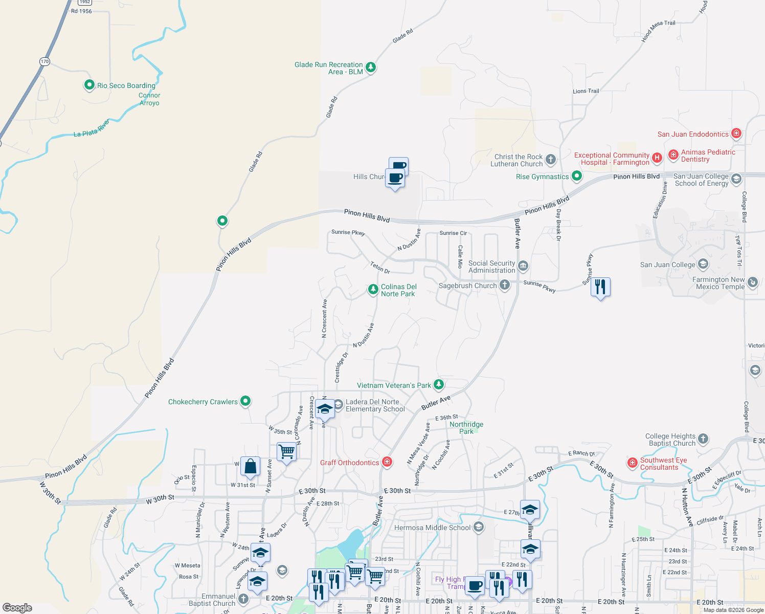 map of restaurants, bars, coffee shops, grocery stores, and more near 4400 N Dustin Ave in Farmington