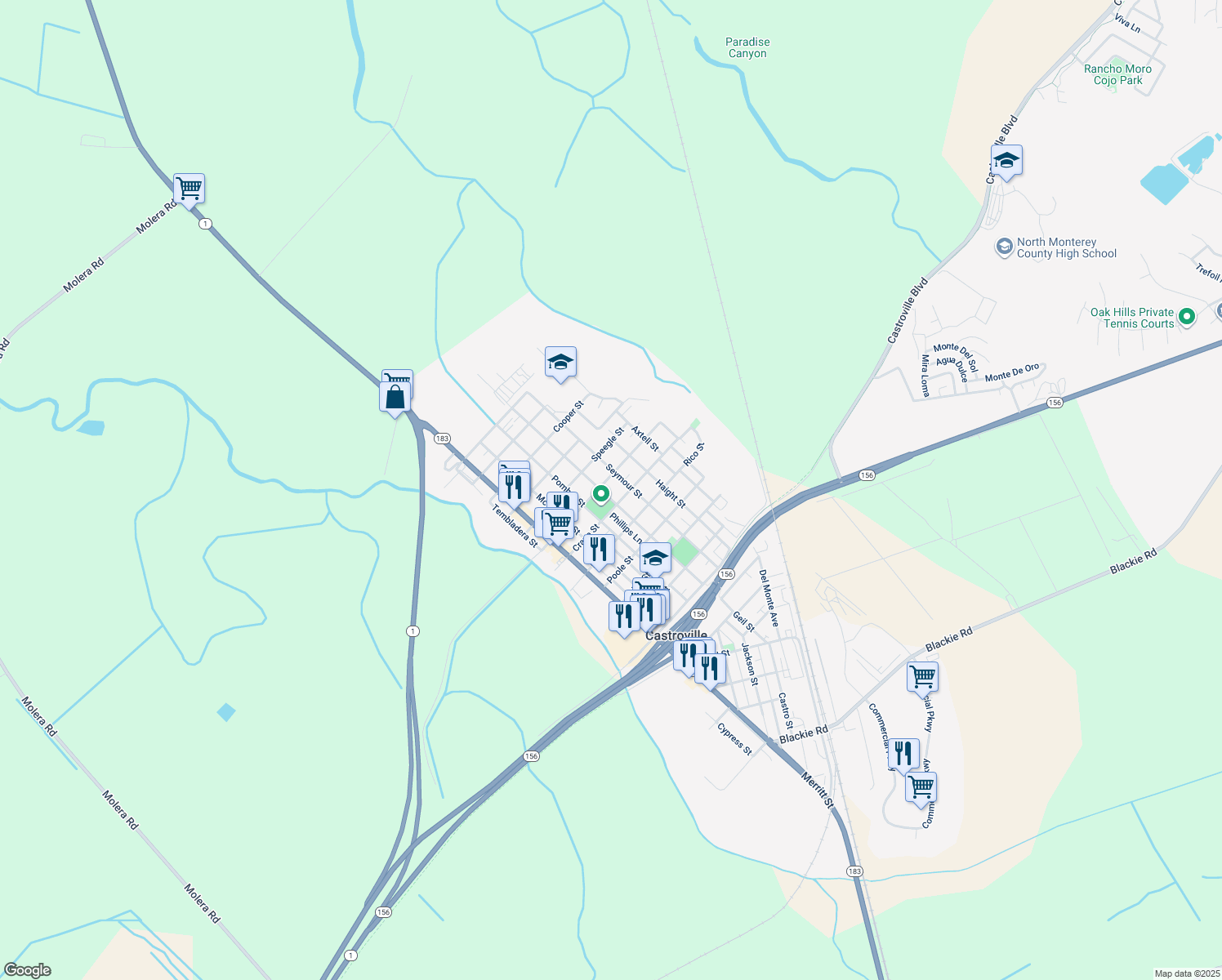 map of restaurants, bars, coffee shops, grocery stores, and more near 10721 Geil St in Castroville