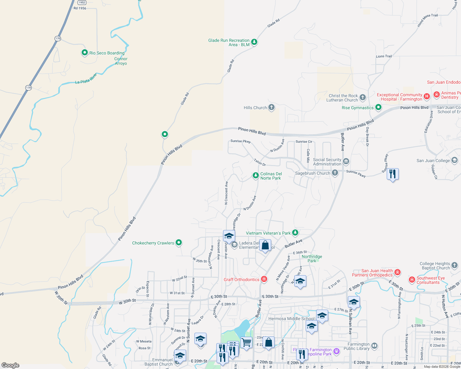 map of restaurants, bars, coffee shops, grocery stores, and more near 4221 Cristo Rey Avenue in Farmington