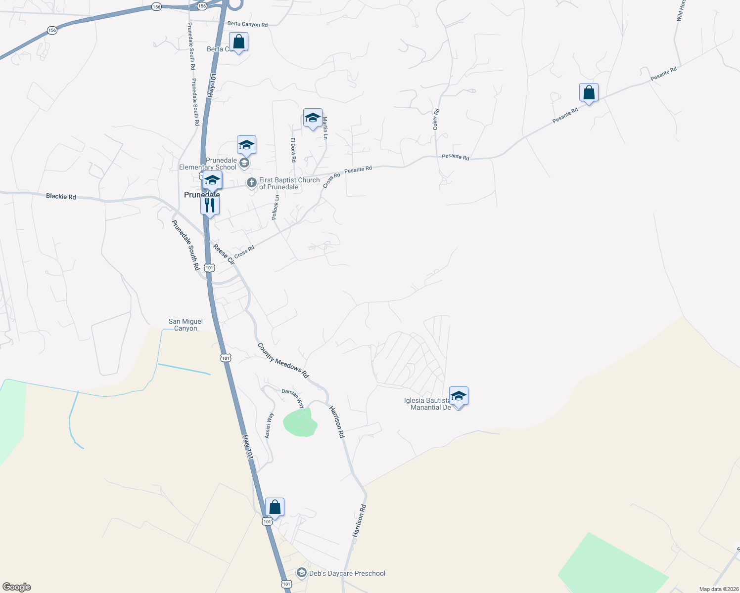 map of restaurants, bars, coffee shops, grocery stores, and more near 10321 Meadow Ridge Circle in Salinas