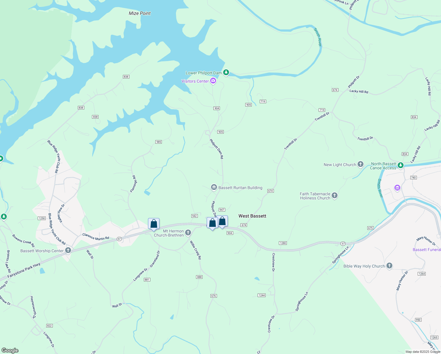 map of restaurants, bars, coffee shops, grocery stores, and more near 437 Philpott Dam Road in Bassett