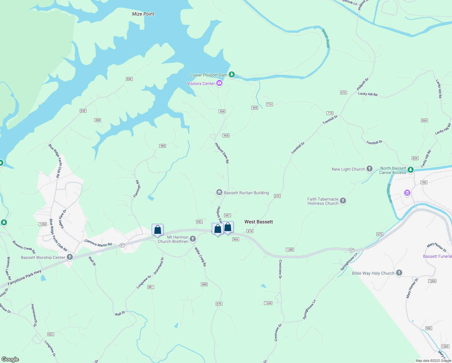 map of restaurants, bars, coffee shops, grocery stores, and more near 437 Philpott Dam Road in Bassett