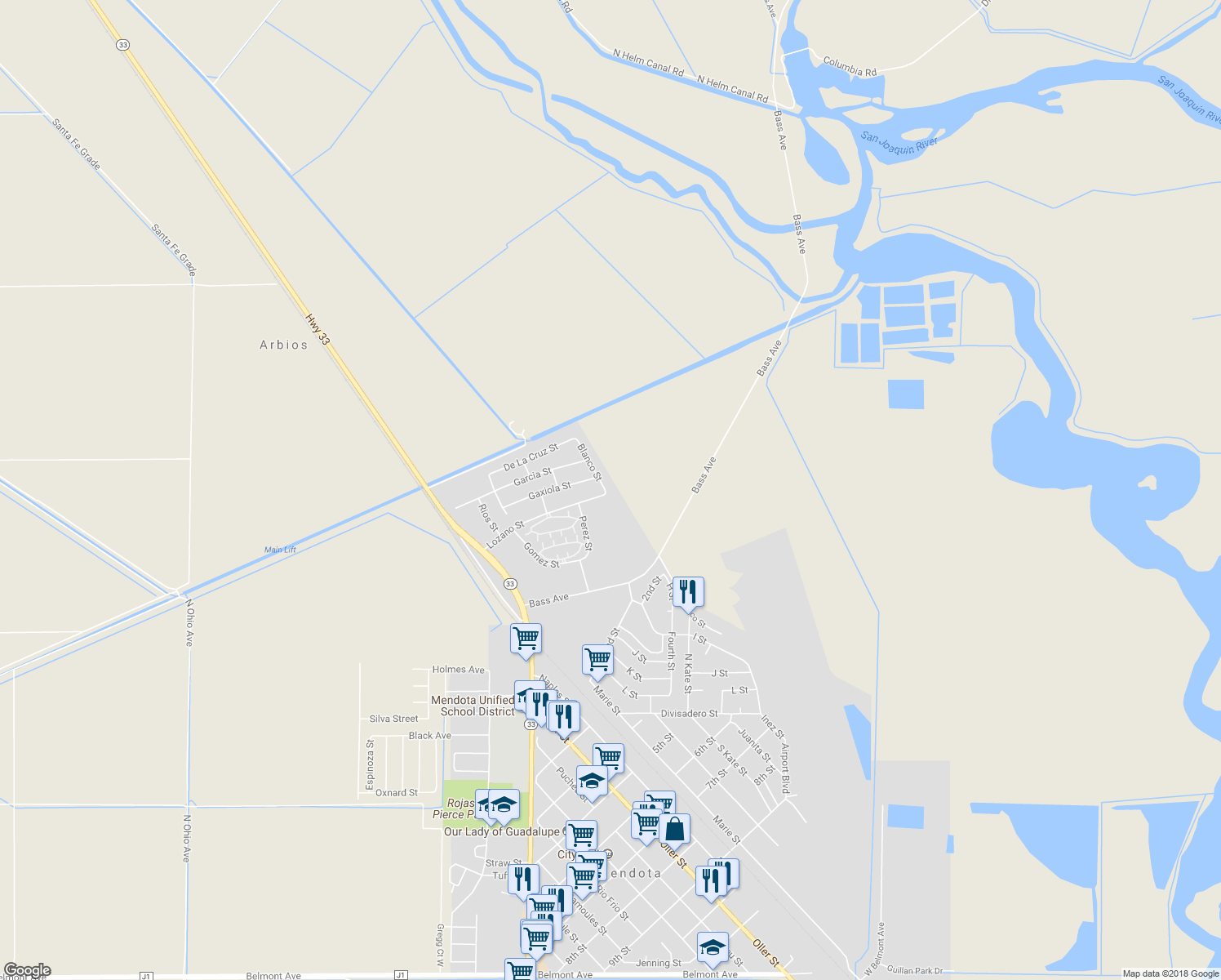 map of restaurants, bars, coffee shops, grocery stores, and more near 301 Blanco Street in Mendota