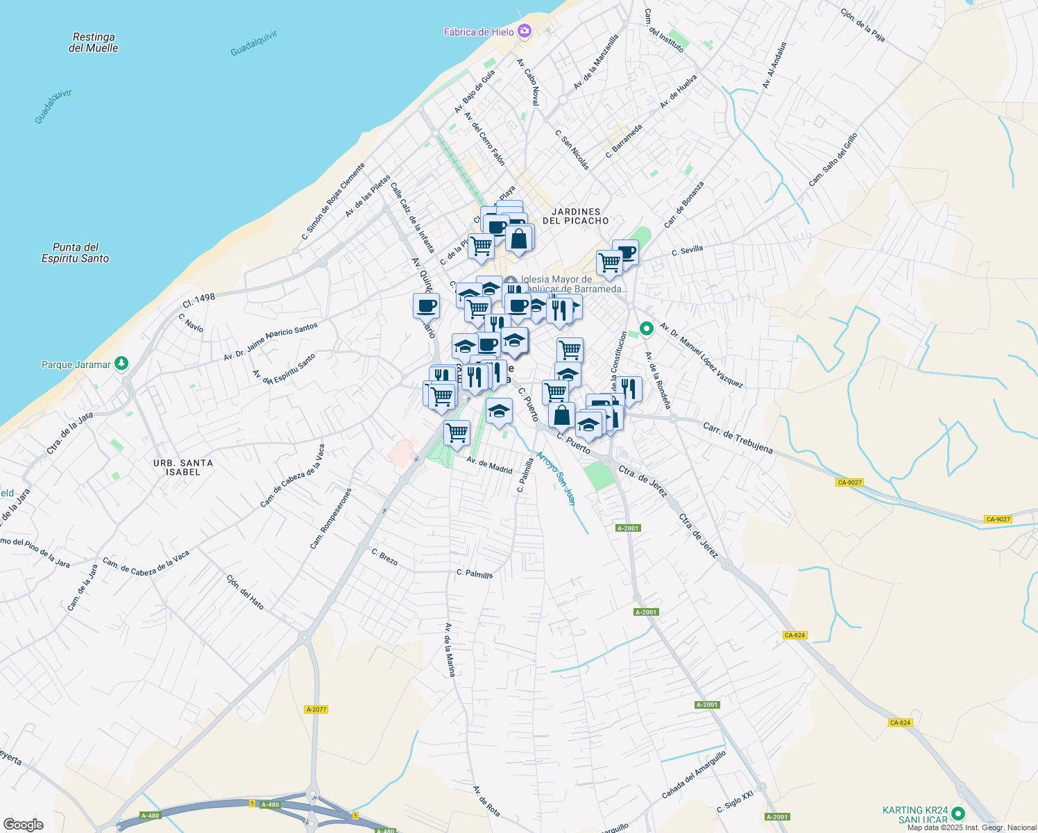 map of restaurants, bars, coffee shops, grocery stores, and more near 12A Calle Junco in Sanlúcar de Barrameda