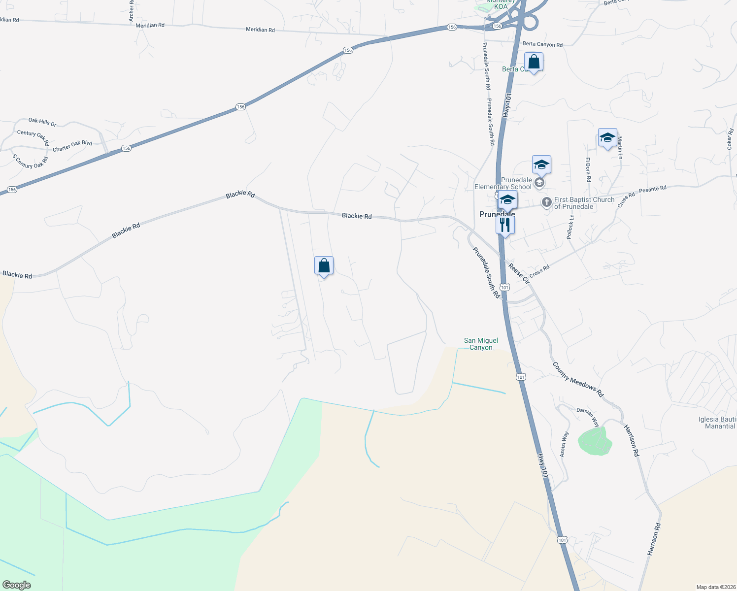 map of restaurants, bars, coffee shops, grocery stores, and more near 9950 Equestrian Place in Salinas