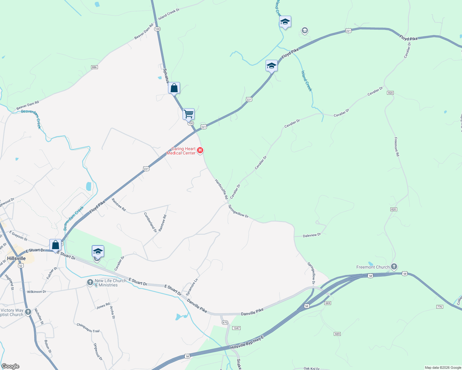 map of restaurants, bars, coffee shops, grocery stores, and more near Cavalier Drive in Hillsville