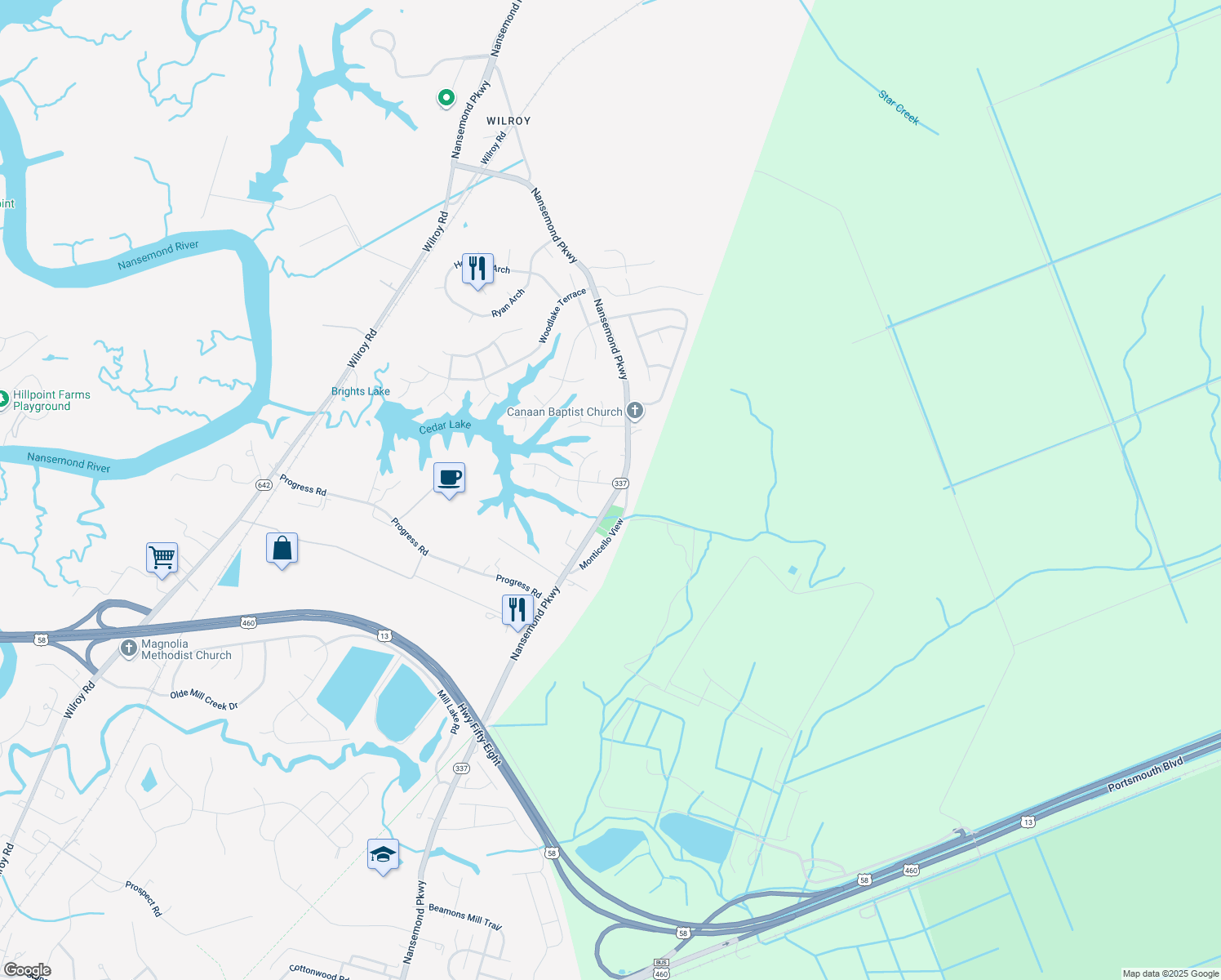 map of restaurants, bars, coffee shops, grocery stores, and more near 1945 Nansemond Parkway in Suffolk