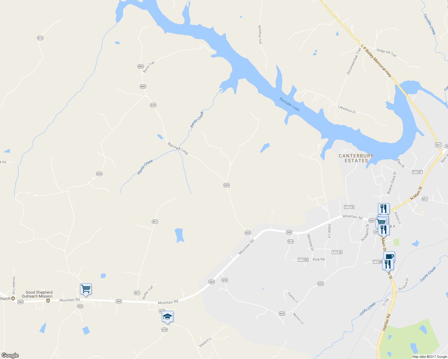 map of restaurants, bars, coffee shops, grocery stores, and more near 1128 Ball Park Loop in Halifax