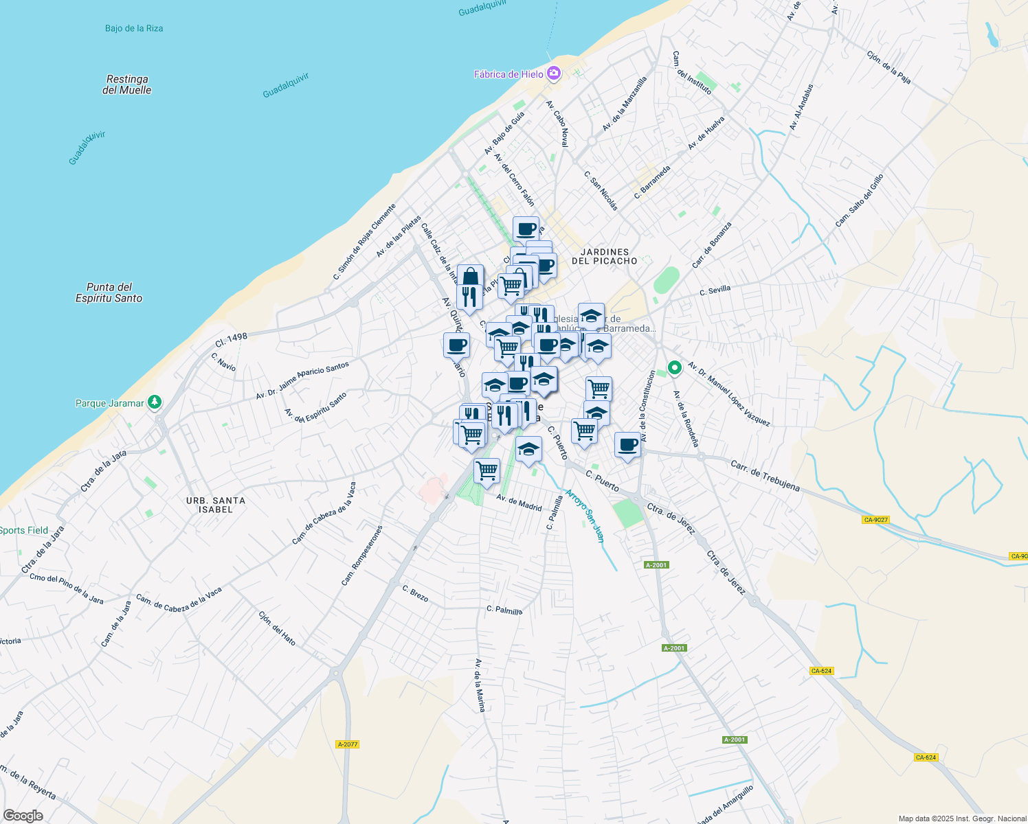 map of restaurants, bars, coffee shops, grocery stores, and more near in Sanlúcar de Barrameda