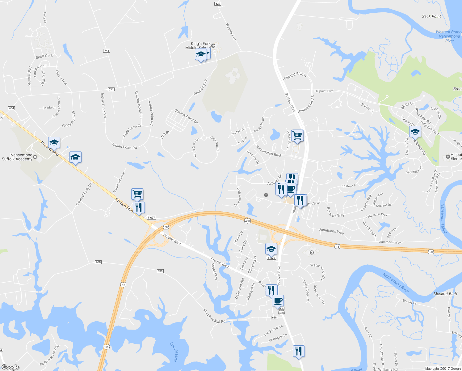 map of restaurants, bars, coffee shops, grocery stores, and more near 307 King Court in Suffolk