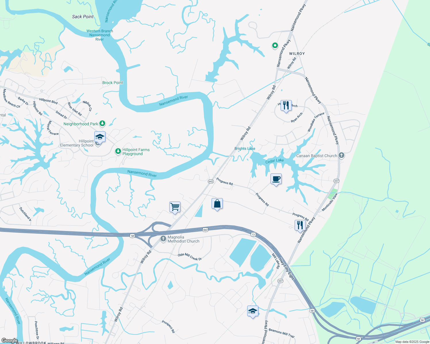 map of restaurants, bars, coffee shops, grocery stores, and more near 2153 Wilroy Road in Suffolk