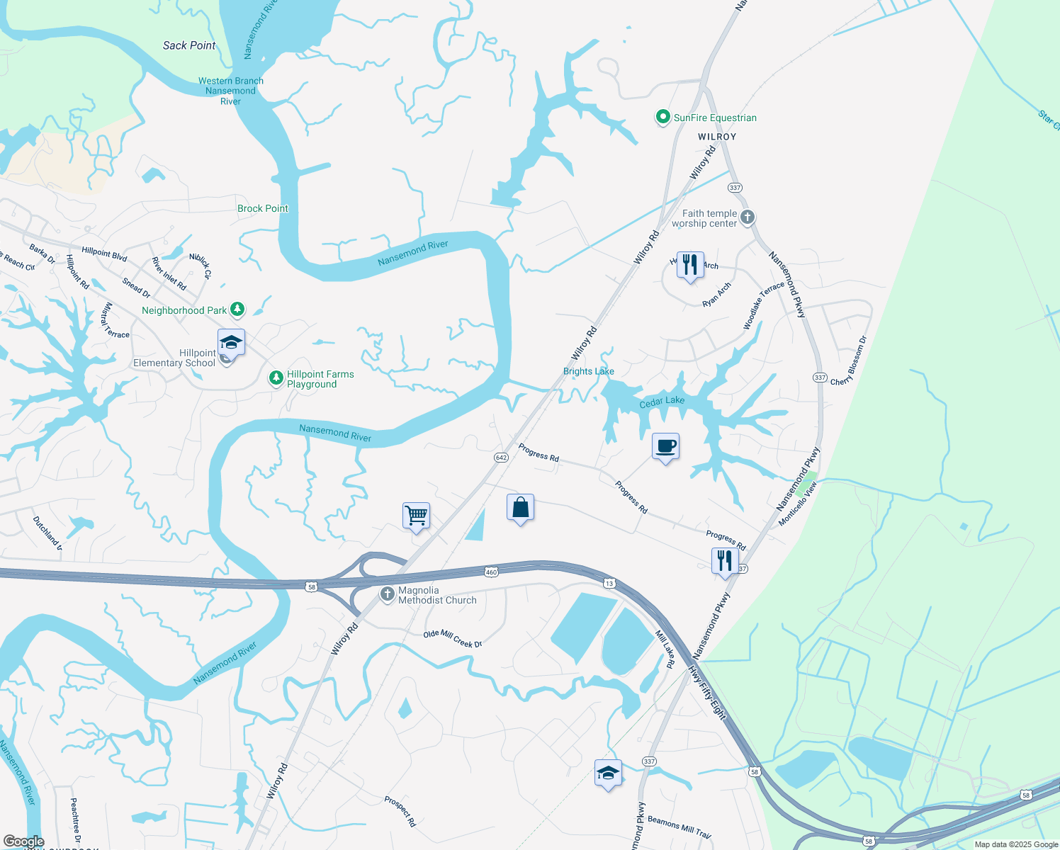 map of restaurants, bars, coffee shops, grocery stores, and more near 2172 Wilroy Road in Suffolk