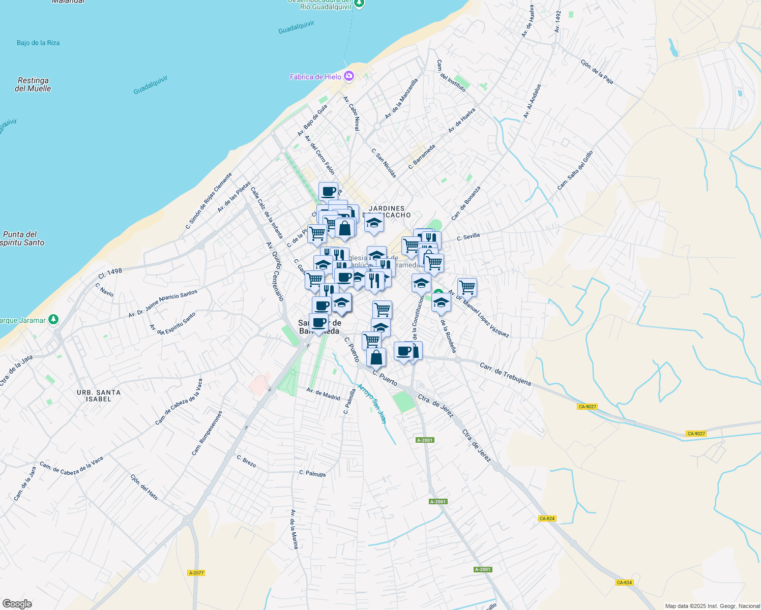 map of restaurants, bars, coffee shops, grocery stores, and more near Calle Caño Dorado in Sanlúcar de Barrameda