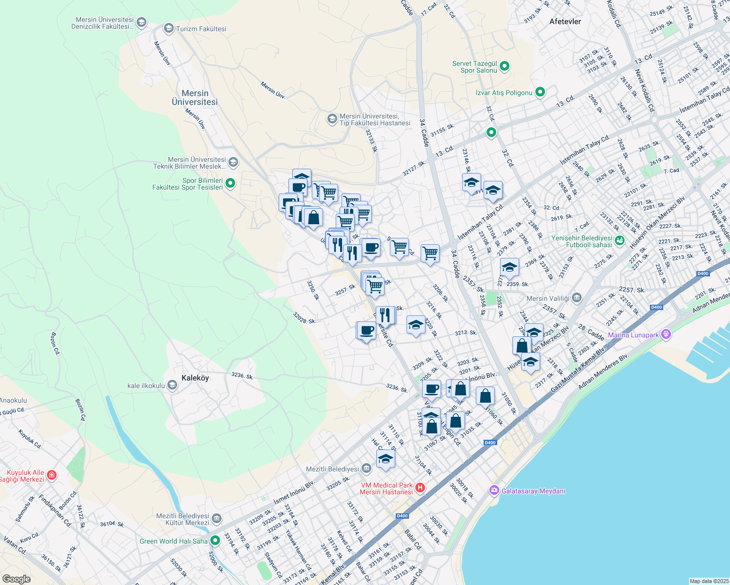 map of restaurants, bars, coffee shops, grocery stores, and more near Üniversite Caddesi in Yenişehir