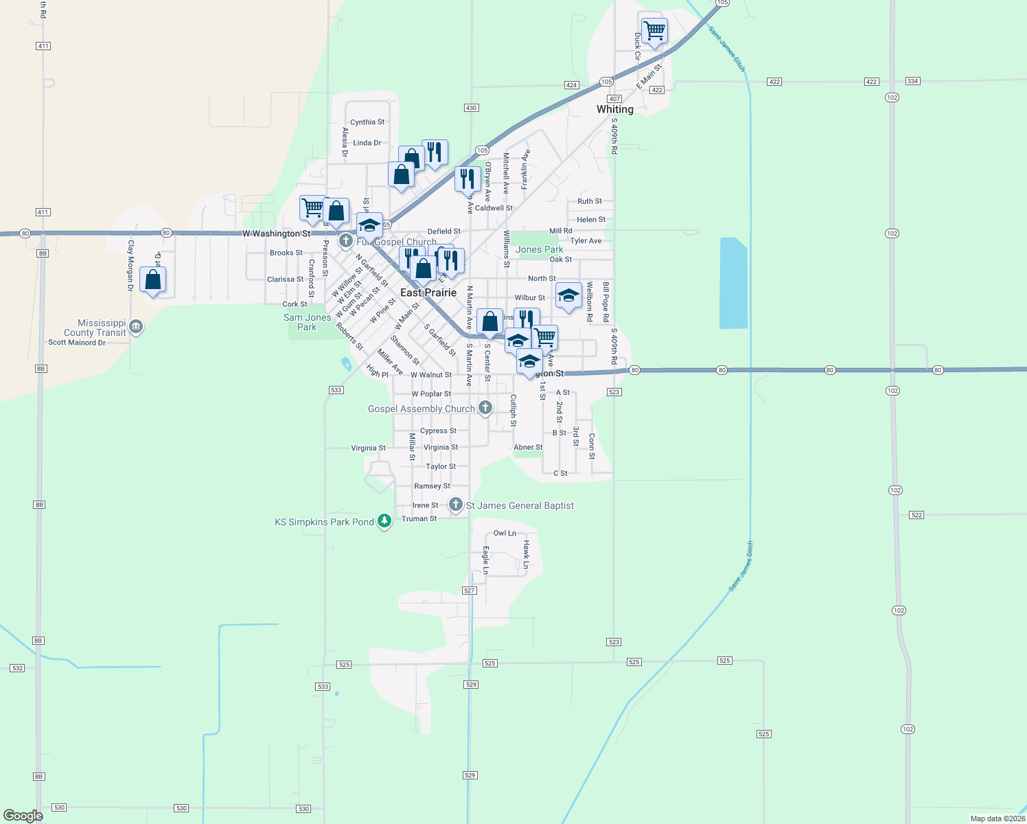 map of restaurants, bars, coffee shops, grocery stores, and more near 398 Cutliph St in East Prairie
