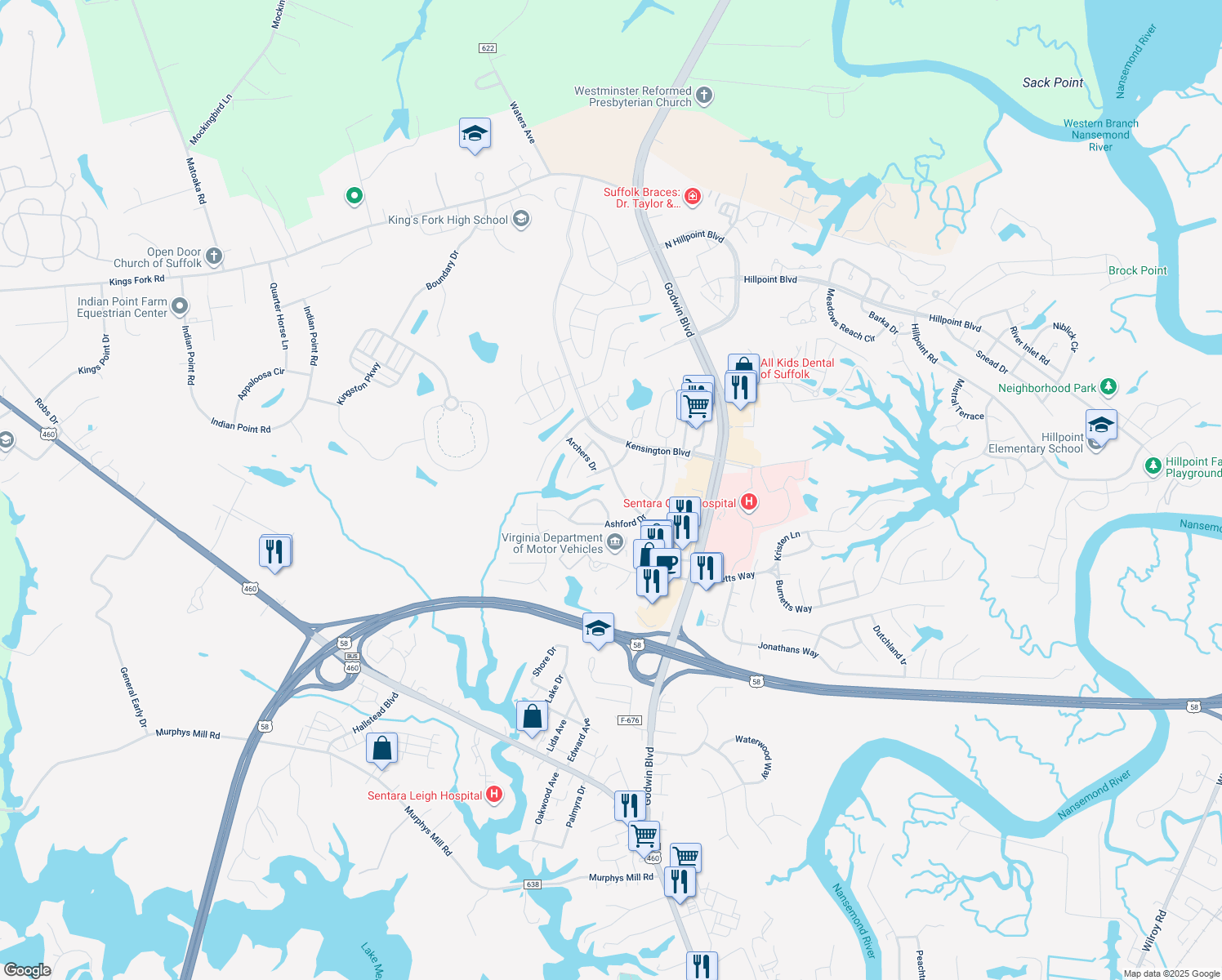 map of restaurants, bars, coffee shops, grocery stores, and more near 114 Foxworth Cir in Suffolk
