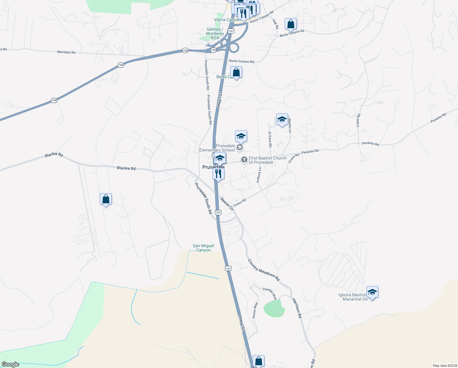 map of restaurants, bars, coffee shops, grocery stores, and more near 17609 Orchard Lane in Prunedale