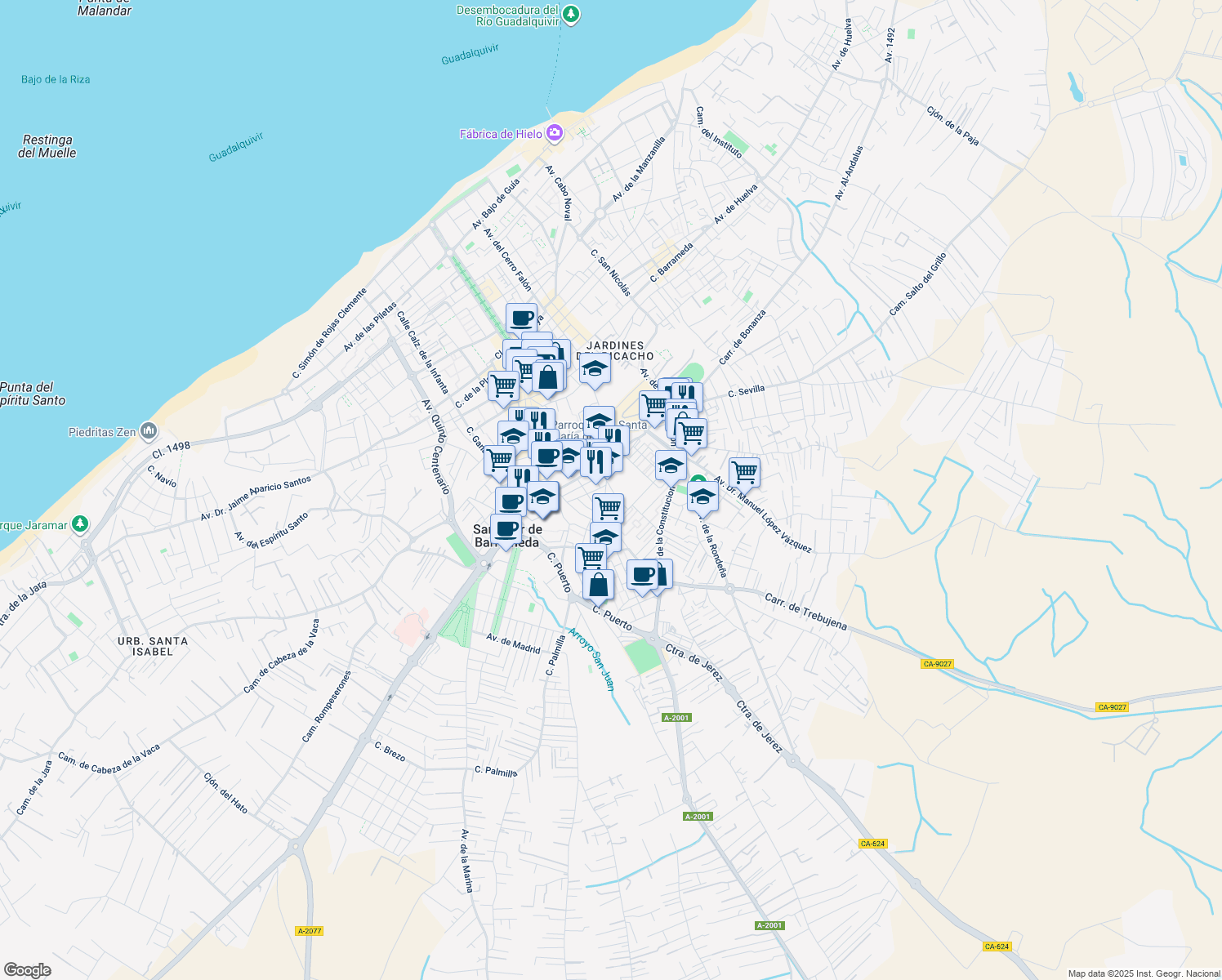 map of restaurants, bars, coffee shops, grocery stores, and more near 2 Calle Palomar in Sanlúcar de Barrameda