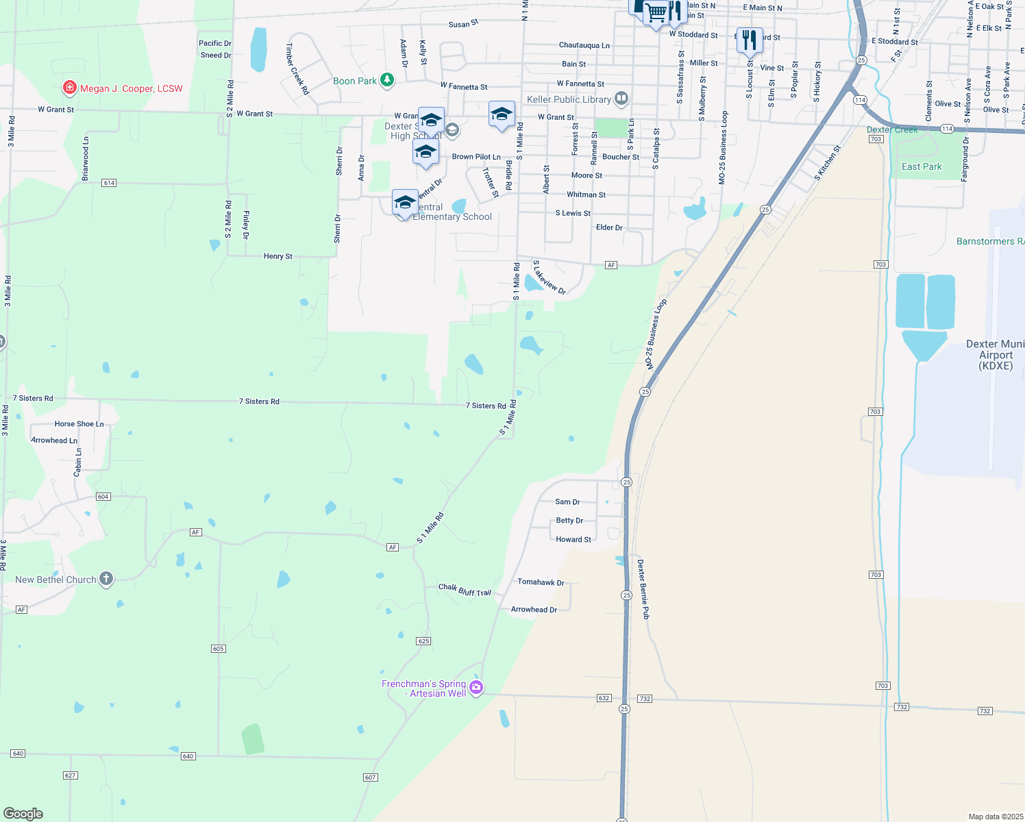 map of restaurants, bars, coffee shops, grocery stores, and more near 16973 7 Sisters Road in Dexter