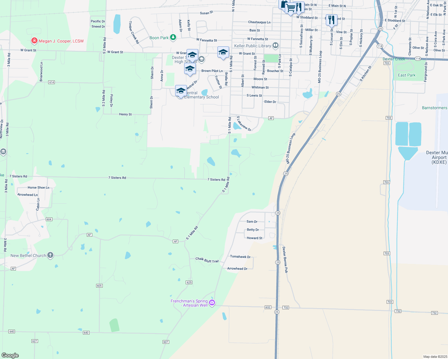 map of restaurants, bars, coffee shops, grocery stores, and more near 16973 7 Sisters Road in Dexter