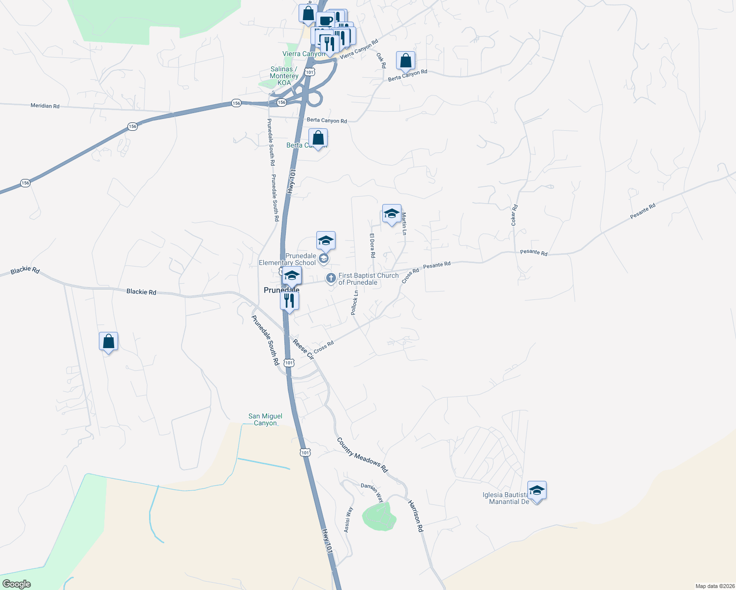 map of restaurants, bars, coffee shops, grocery stores, and more near 17914 Pesante Road in Salinas
