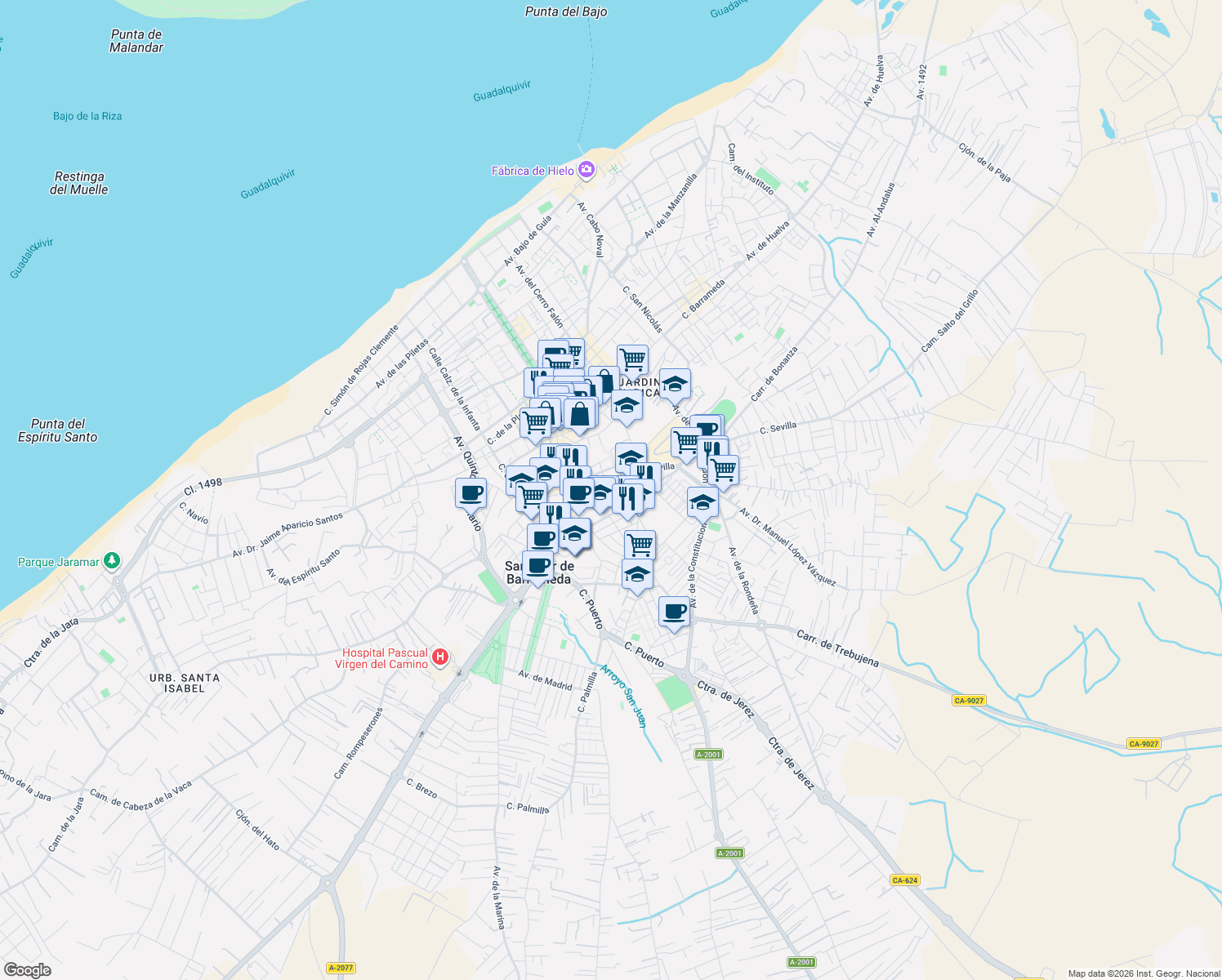 map of restaurants, bars, coffee shops, grocery stores, and more near 30 Calle Santiago in Sanlúcar de Barrameda