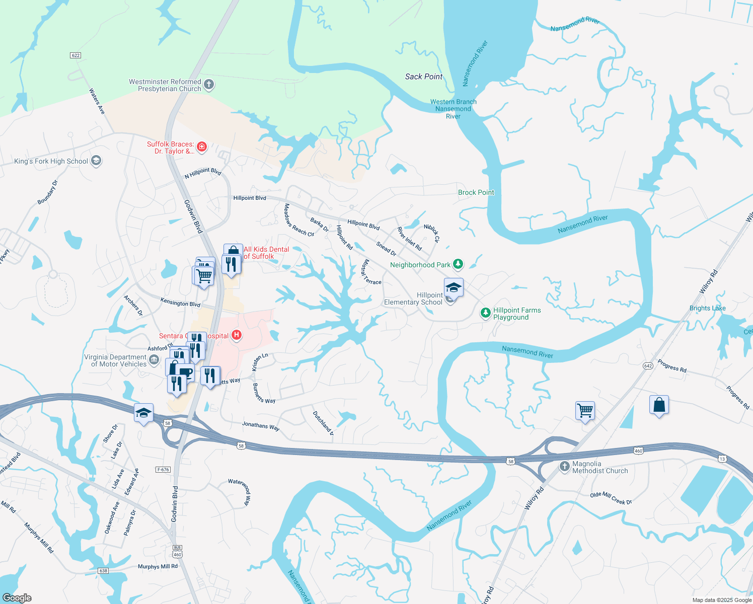 map of restaurants, bars, coffee shops, grocery stores, and more near 122 Lakes Edge Drive in Suffolk