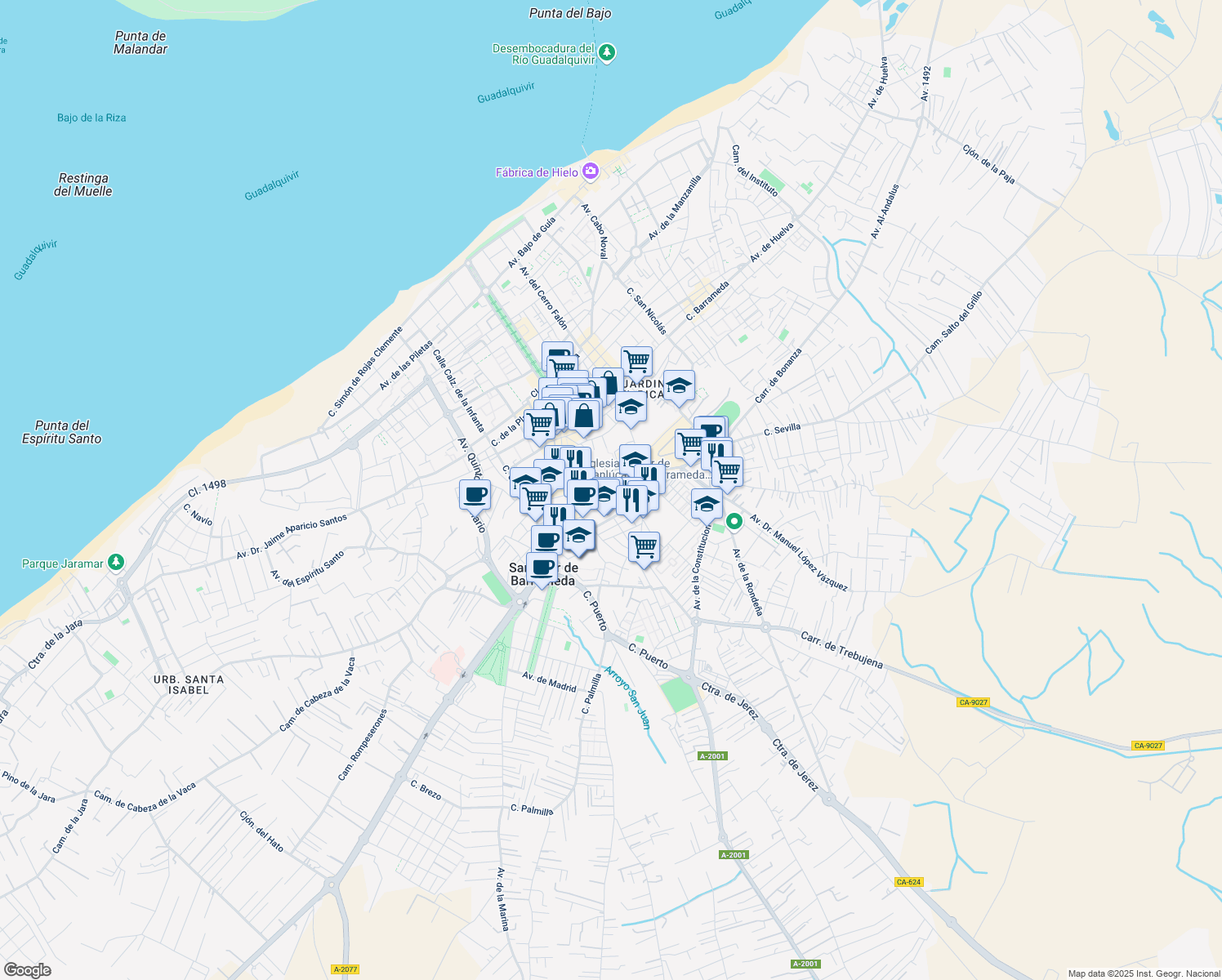 map of restaurants, bars, coffee shops, grocery stores, and more near 32 Calle Santiago in Sanlúcar de Barrameda