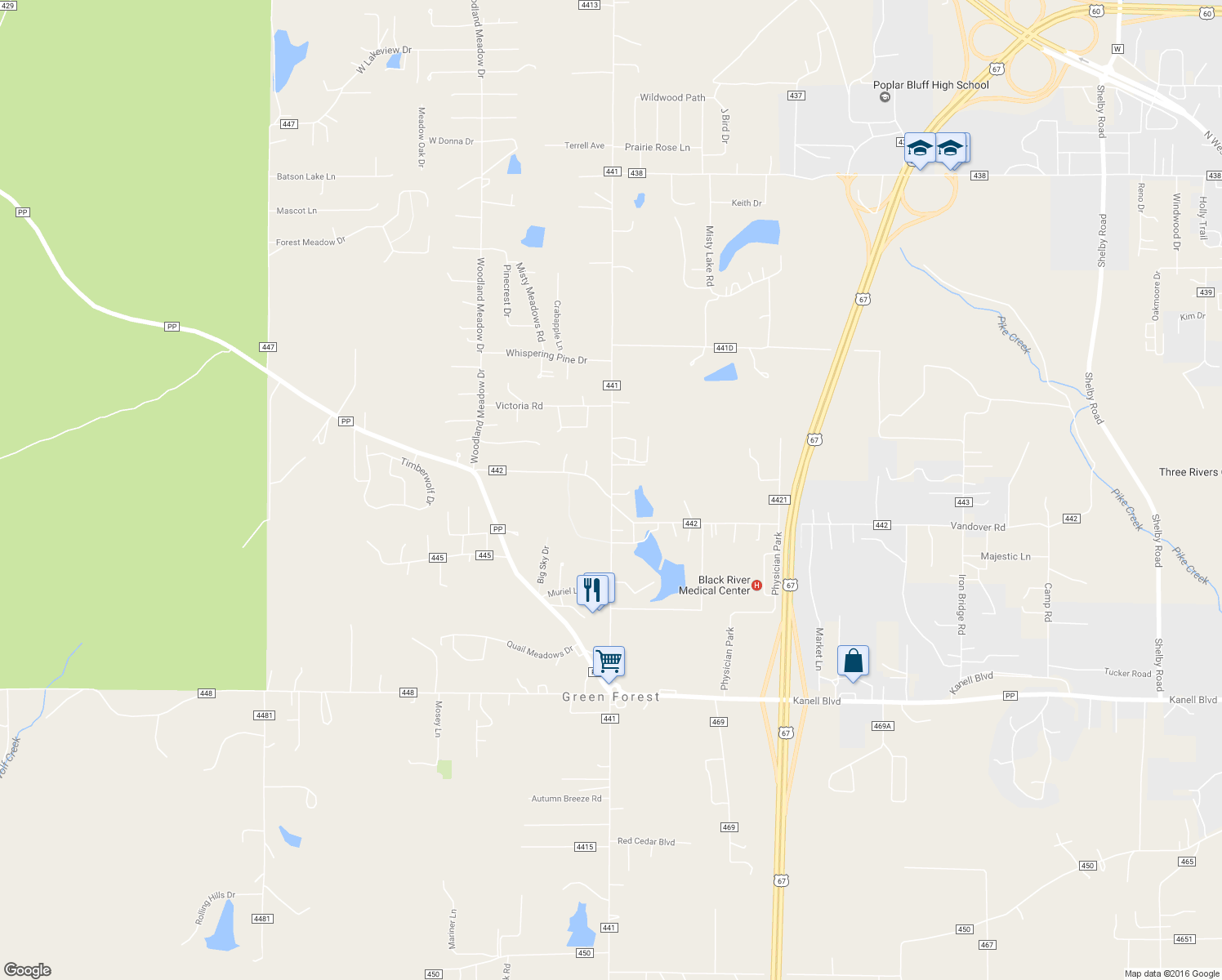map of restaurants, bars, coffee shops, grocery stores, and more near 3081 Township Line Road in Poplar Bluff
