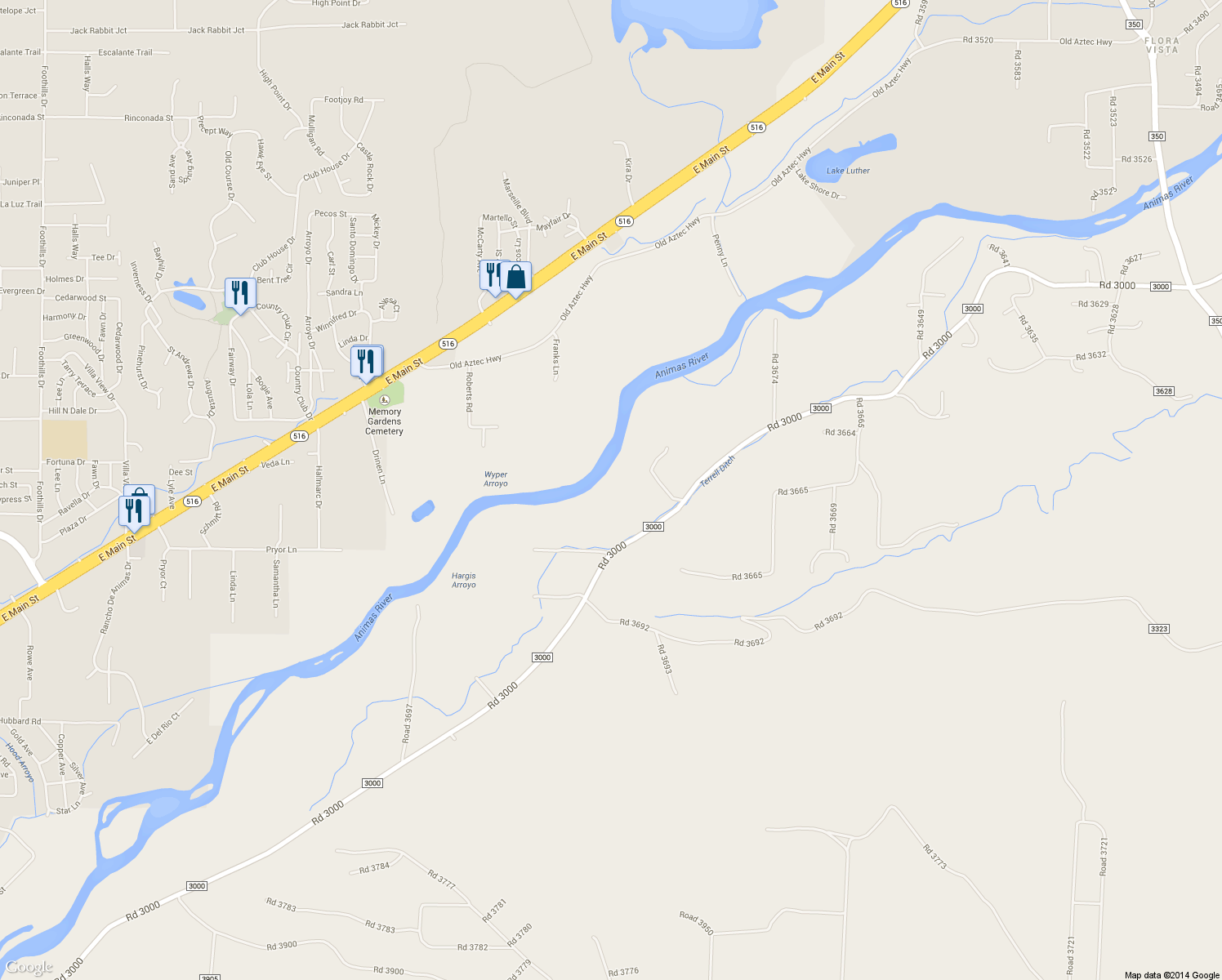 map of restaurants, bars, coffee shops, grocery stores, and more near 714 Road 3000 in Aztec