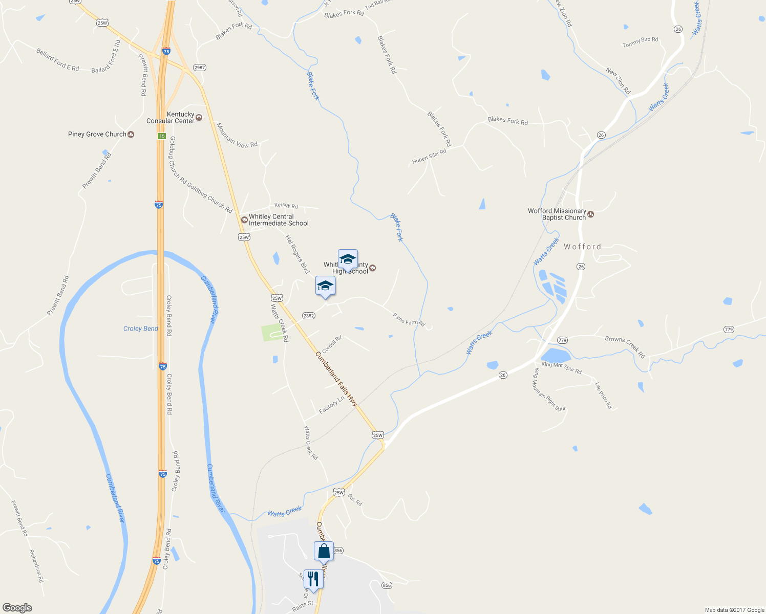 map of restaurants, bars, coffee shops, grocery stores, and more near 16 Rains Farm Road in Williamsburg