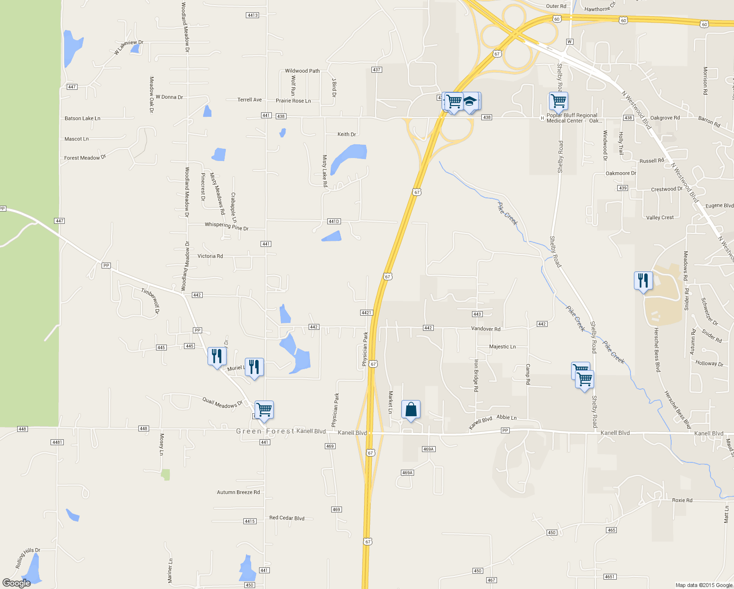 map of restaurants, bars, coffee shops, grocery stores, and more near 186 Co Road 4421 in Poplar Bluff