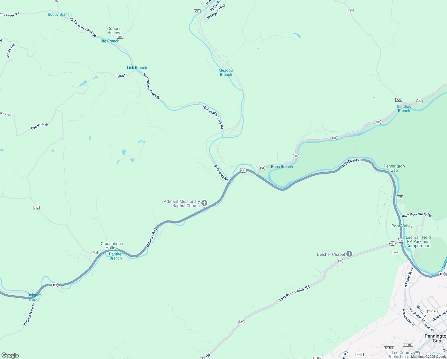 map of restaurants, bars, coffee shops, grocery stores, and more near Saint Charles Road in Pennington Gap