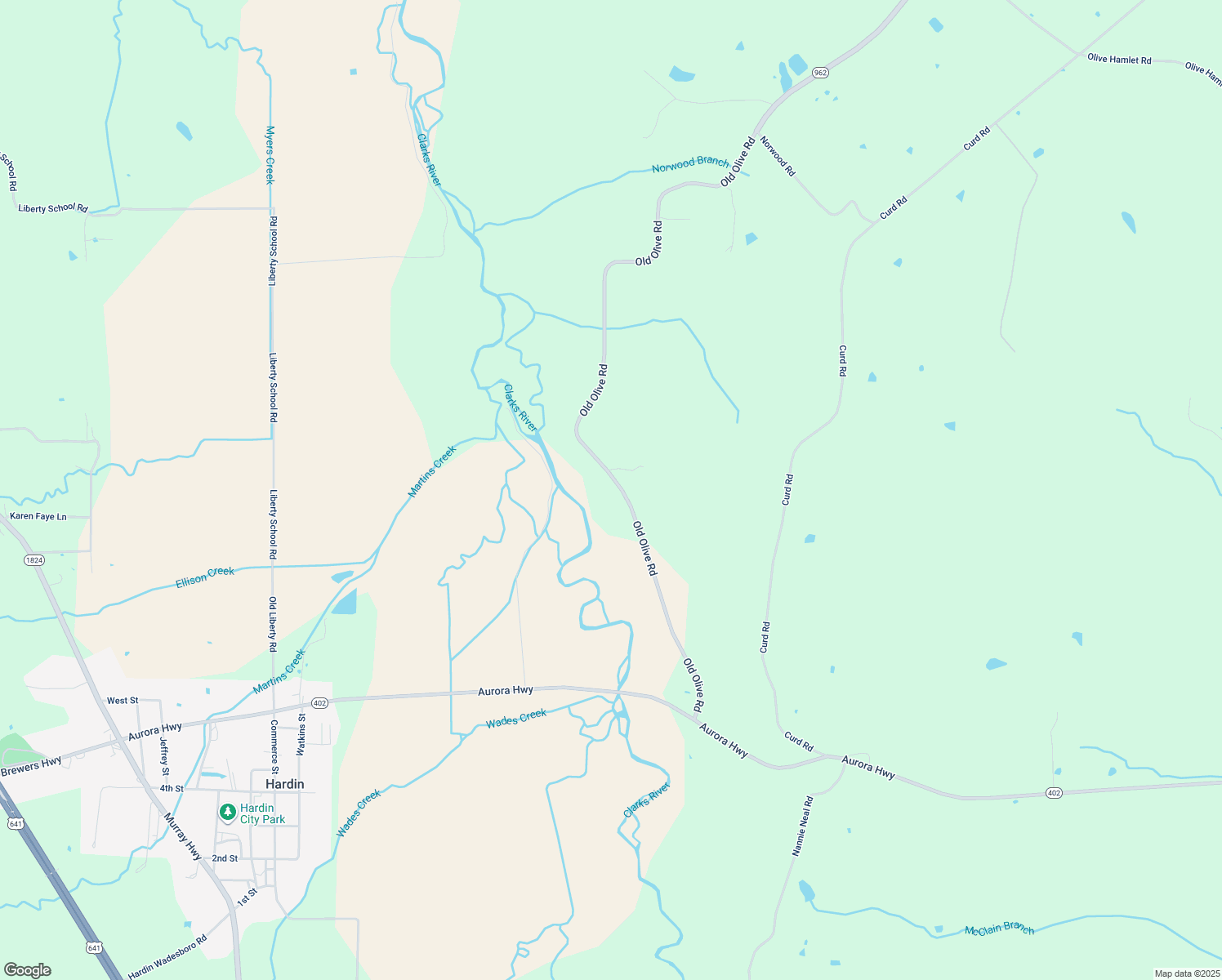 map of restaurants, bars, coffee shops, grocery stores, and more near Old Olive Road in Hardin