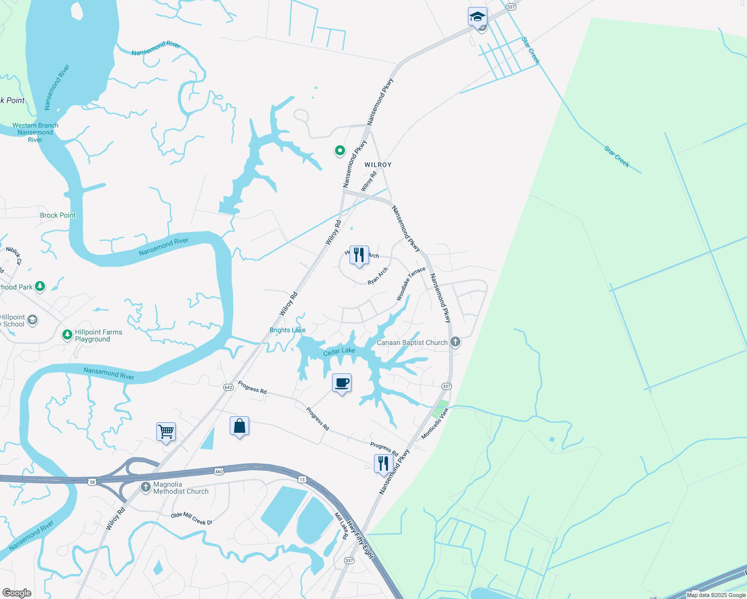 map of restaurants, bars, coffee shops, grocery stores, and more near 206 Cutspring Trce in Suffolk