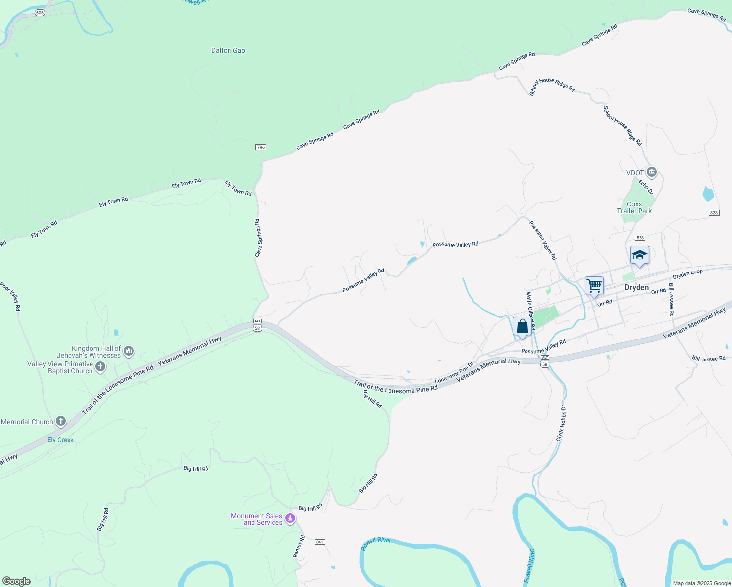 map of restaurants, bars, coffee shops, grocery stores, and more near 604 Possum Valley Road in Dryden