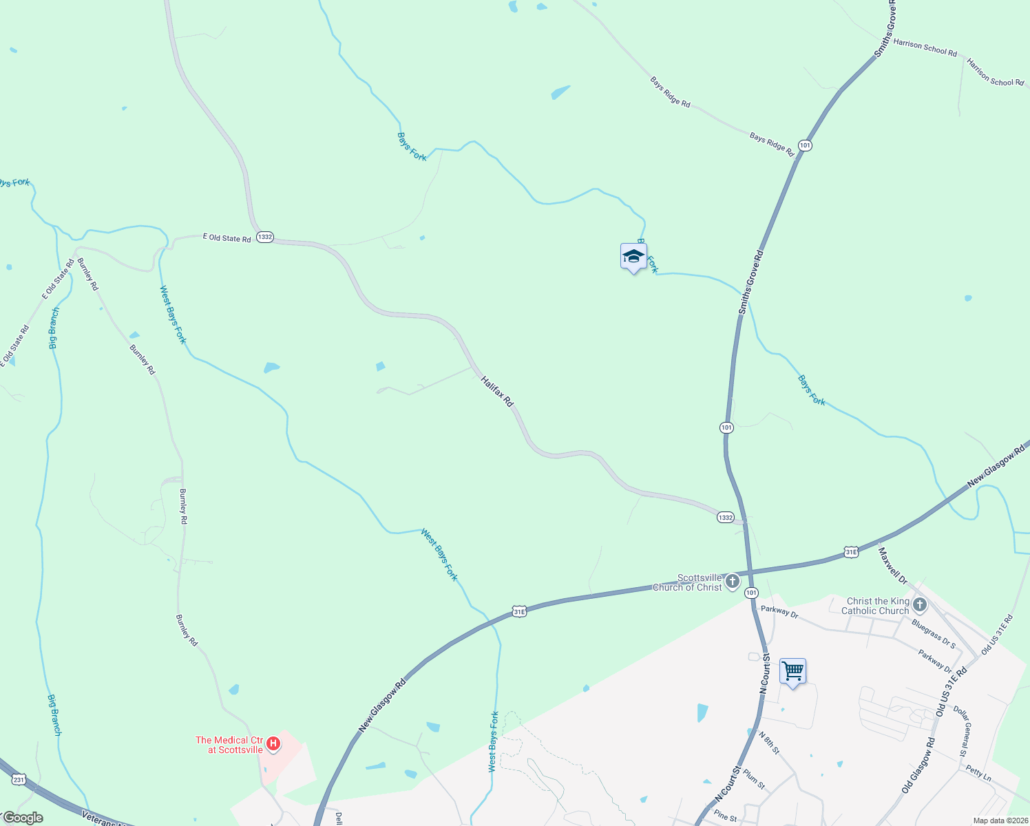 map of restaurants, bars, coffee shops, grocery stores, and more near 941 Halifax Road in Scottsville
