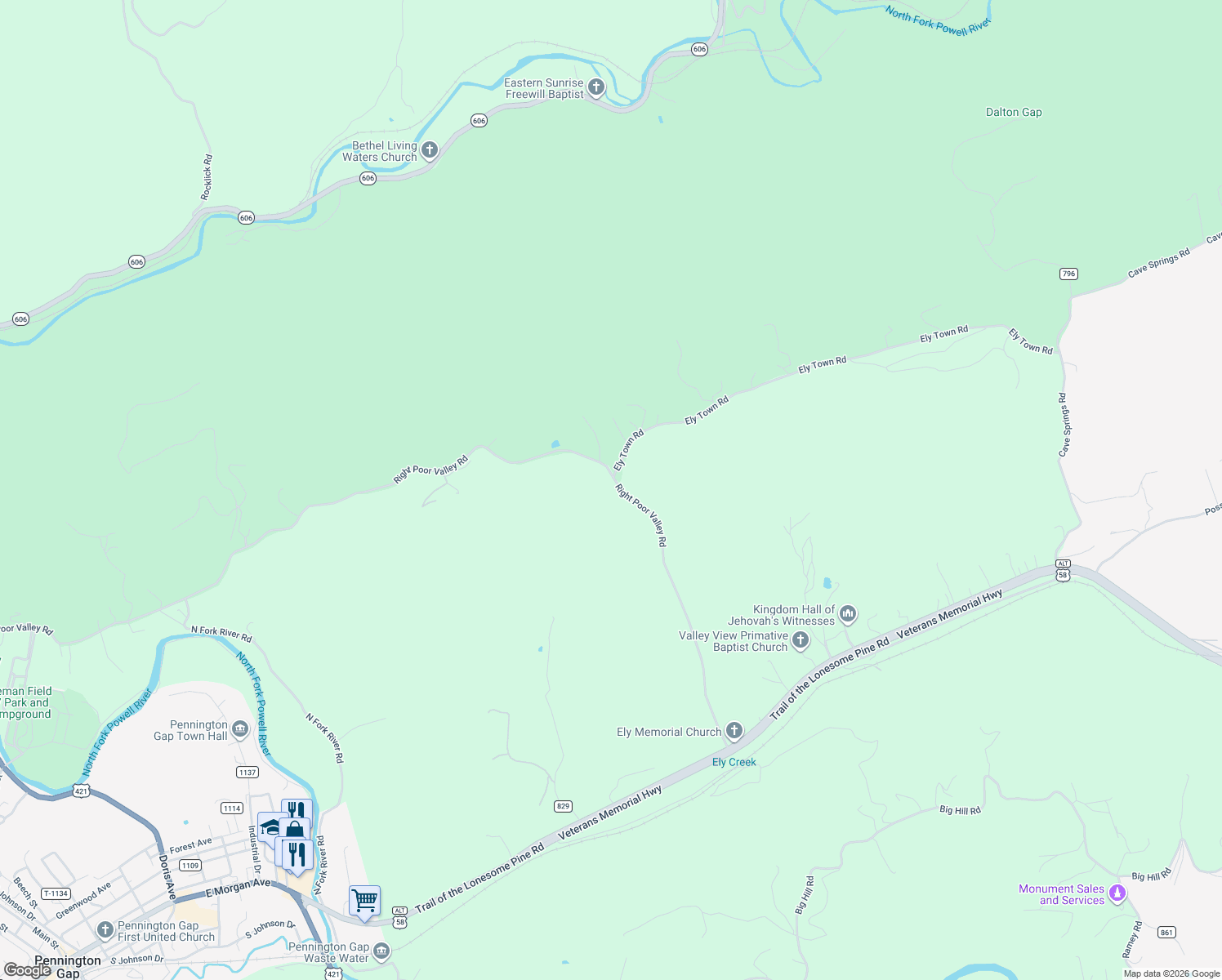 map of restaurants, bars, coffee shops, grocery stores, and more near 2364 State Road 632 in Pennington Gap