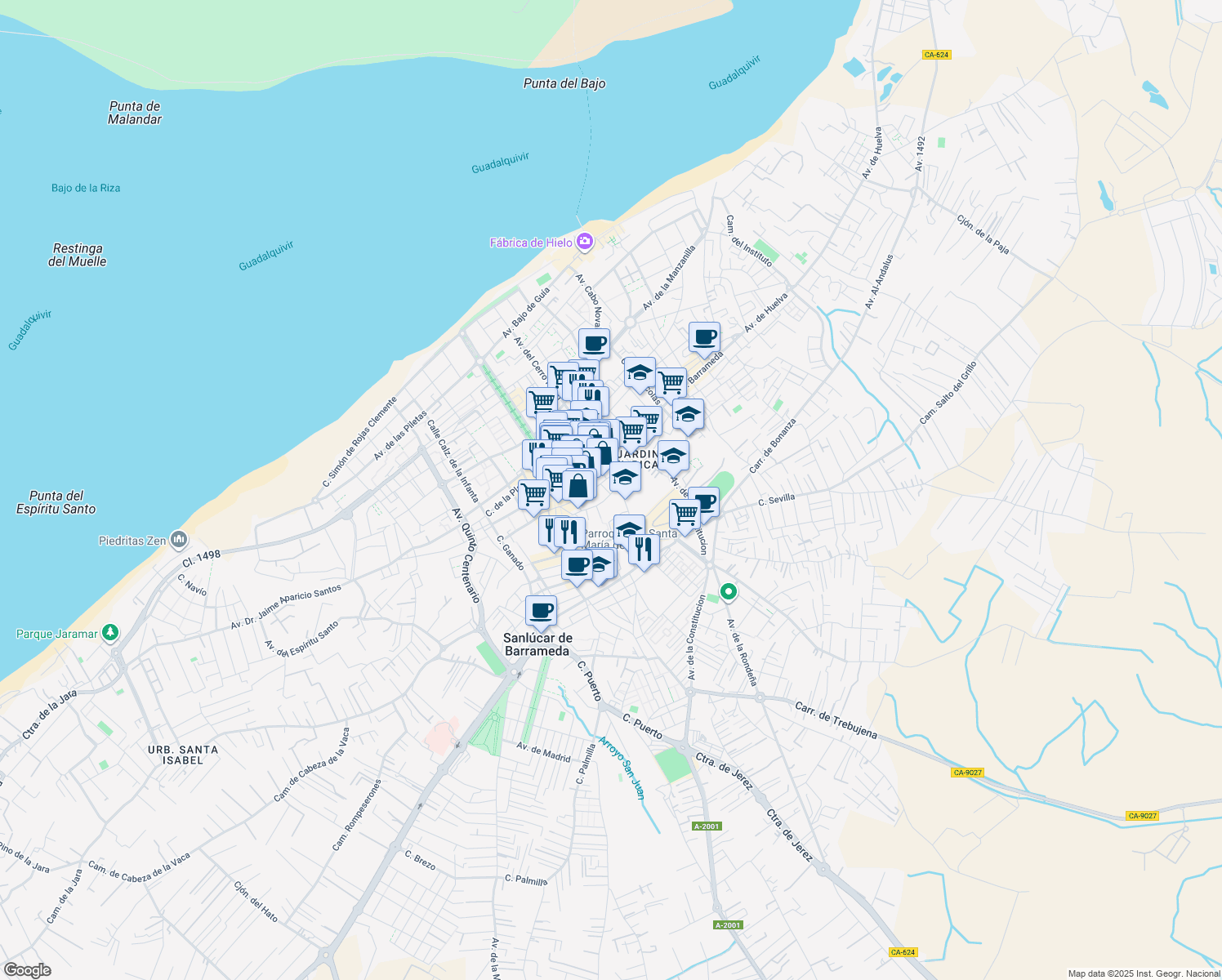 map of restaurants, bars, coffee shops, grocery stores, and more near 49 Calle Carmen Viejo in Sanlúcar de Barrameda