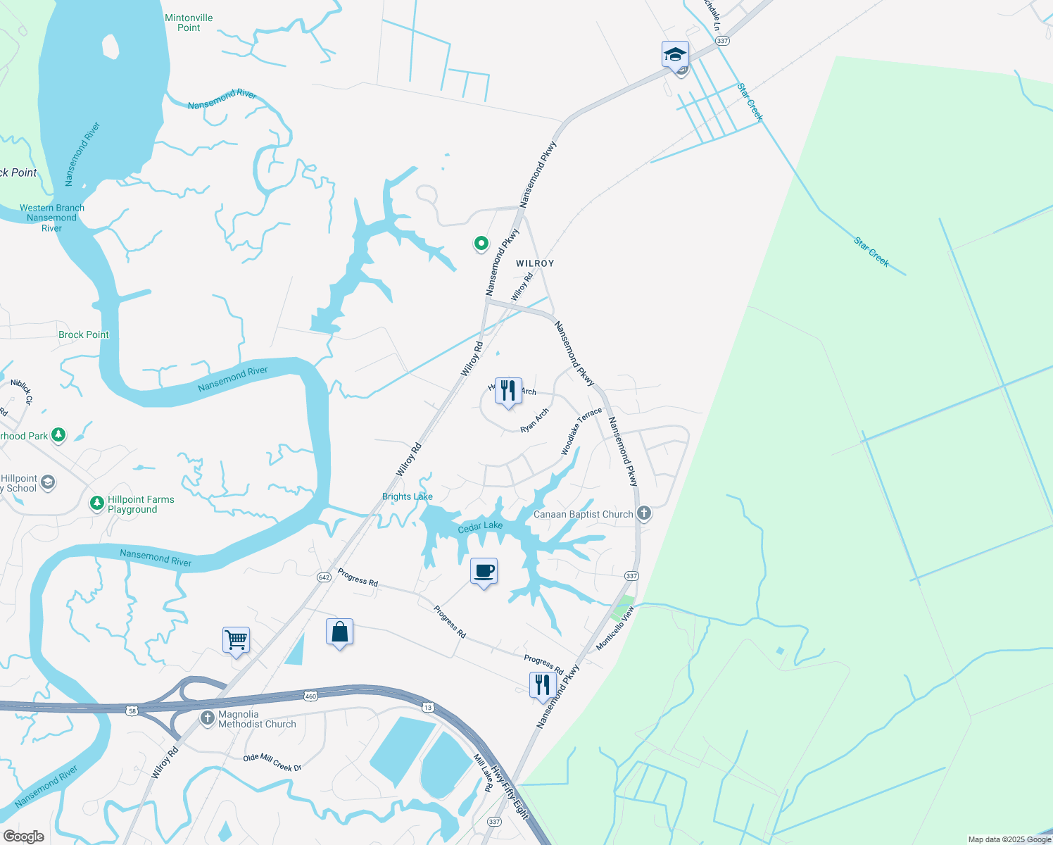 map of restaurants, bars, coffee shops, grocery stores, and more near 251 Holbrook Arch in Suffolk