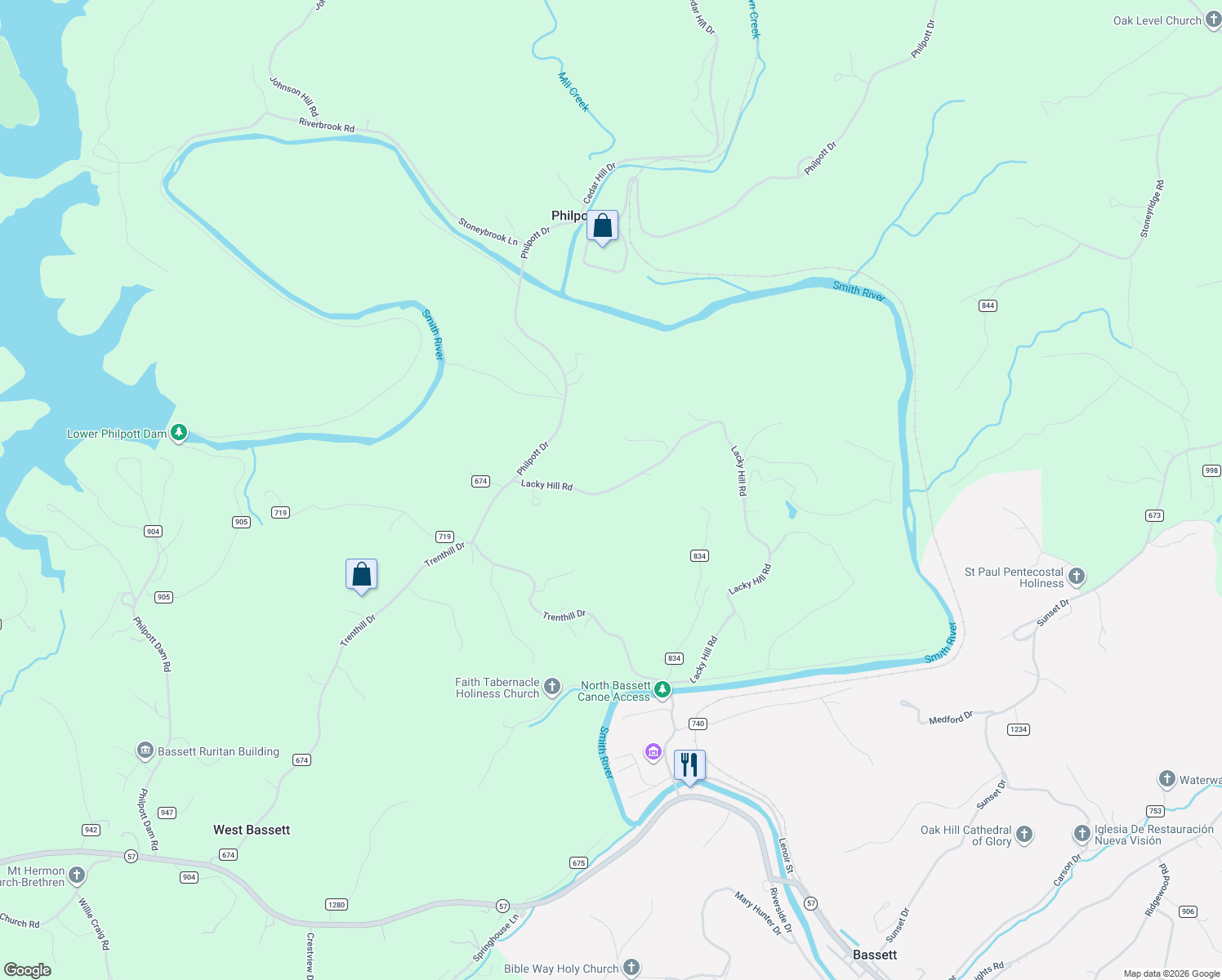 map of restaurants, bars, coffee shops, grocery stores, and more near Lacky Hill Road in Bassett