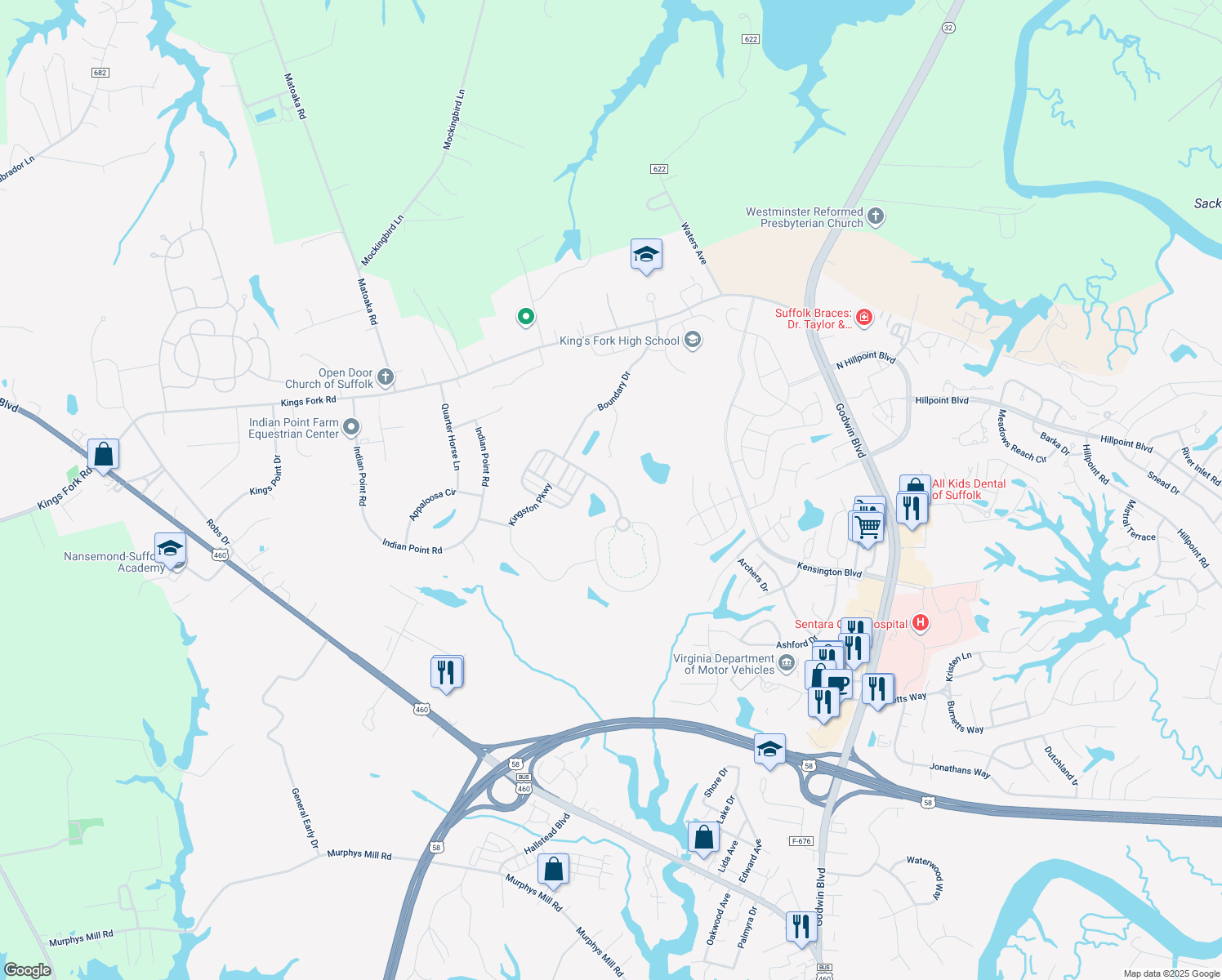 map of restaurants, bars, coffee shops, grocery stores, and more near 2511 Queens Point Drive in Suffolk