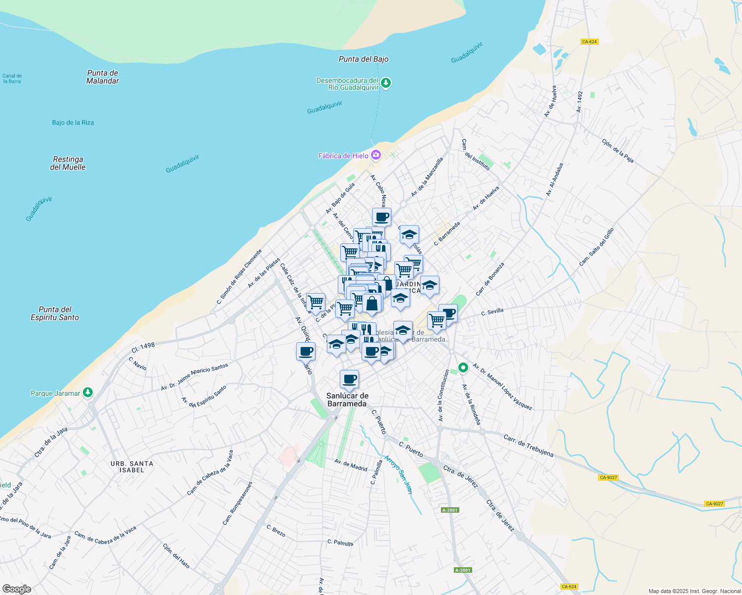 map of restaurants, bars, coffee shops, grocery stores, and more near Calle Ancha in Sanlúcar de Barrameda